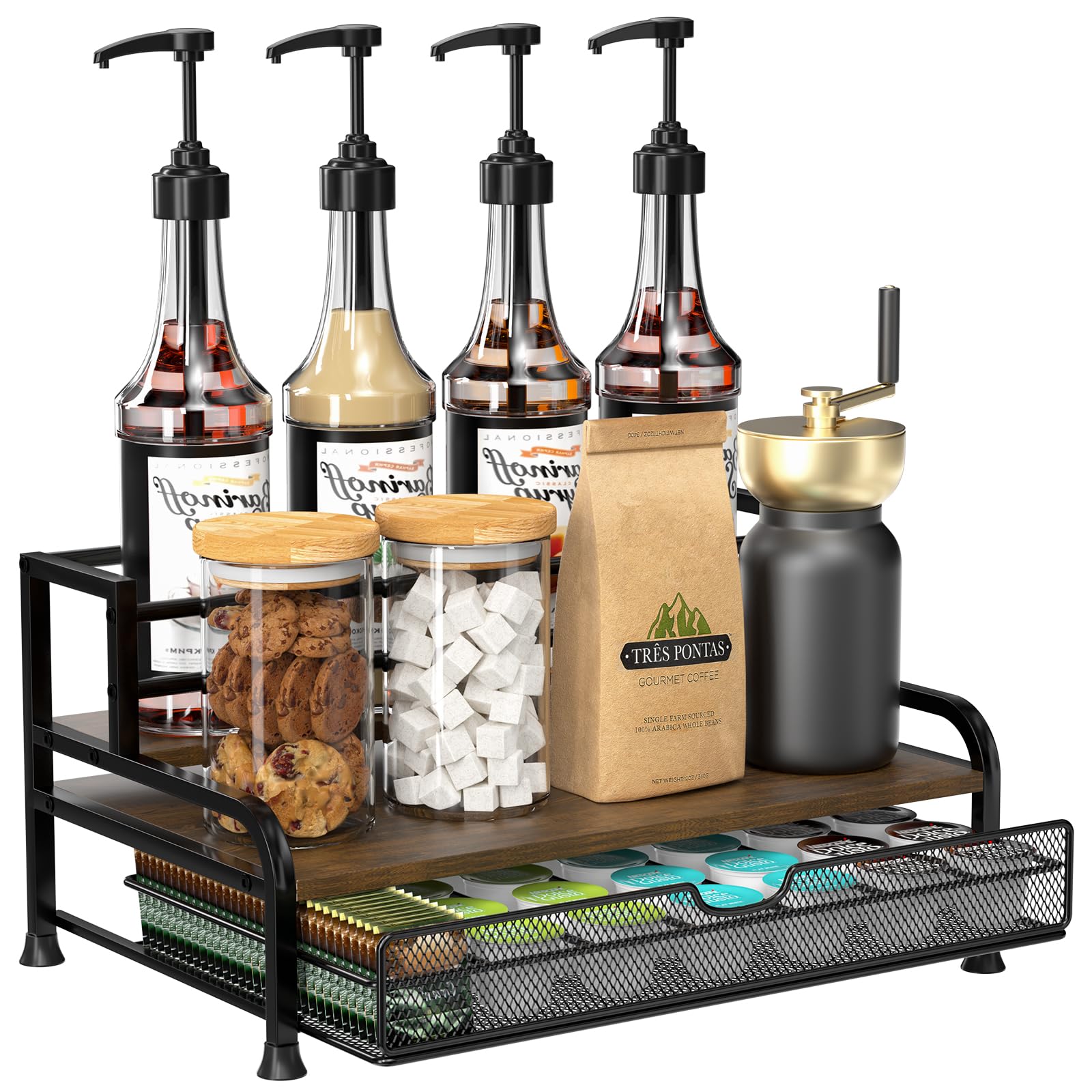 Jolof Store Coffee Syrup Organizer – 3-Tier 8 Bottle Stand with K-Cup Drawer