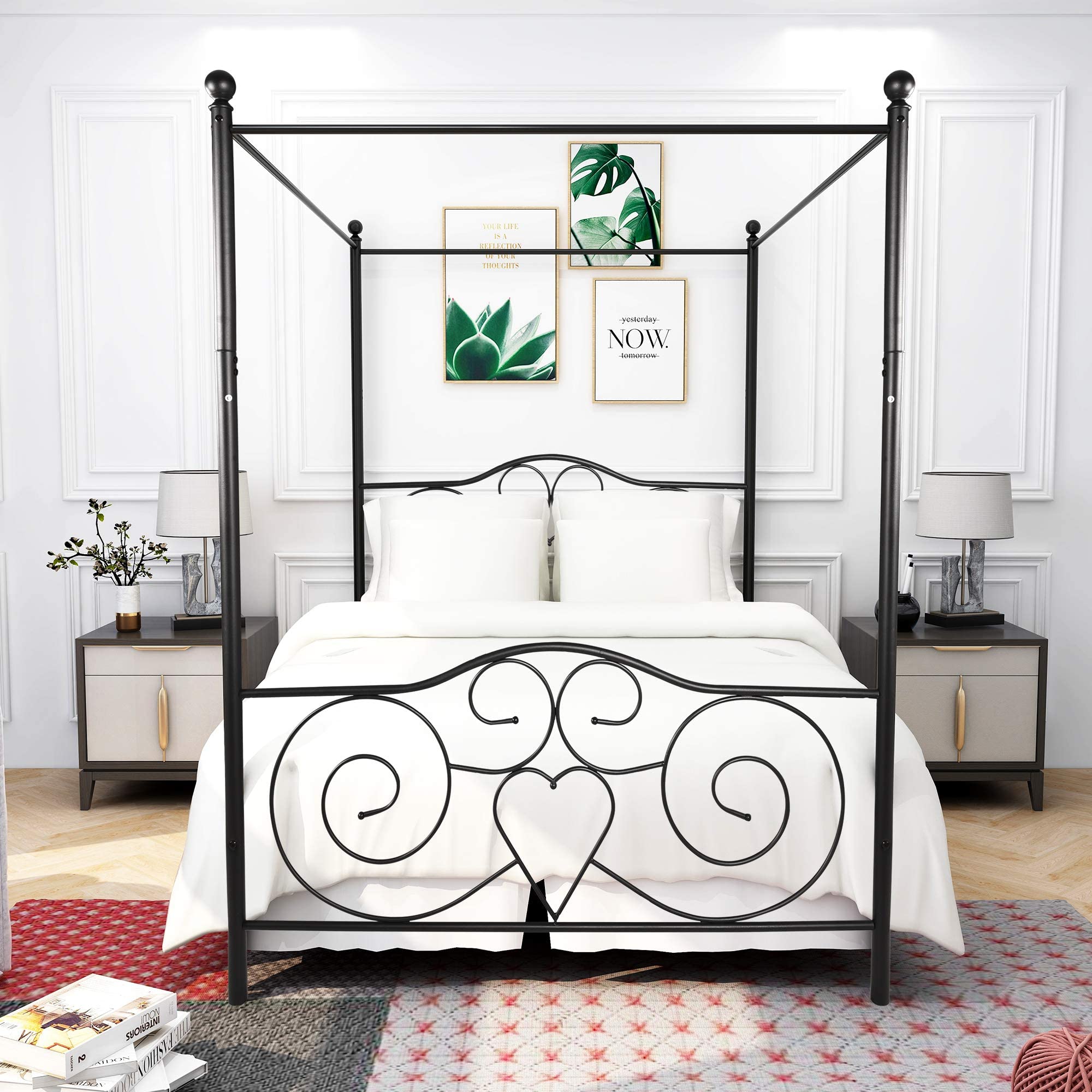 HAHRIR Double Canopy Bed Frame | Black Metal Platform with Headboard
