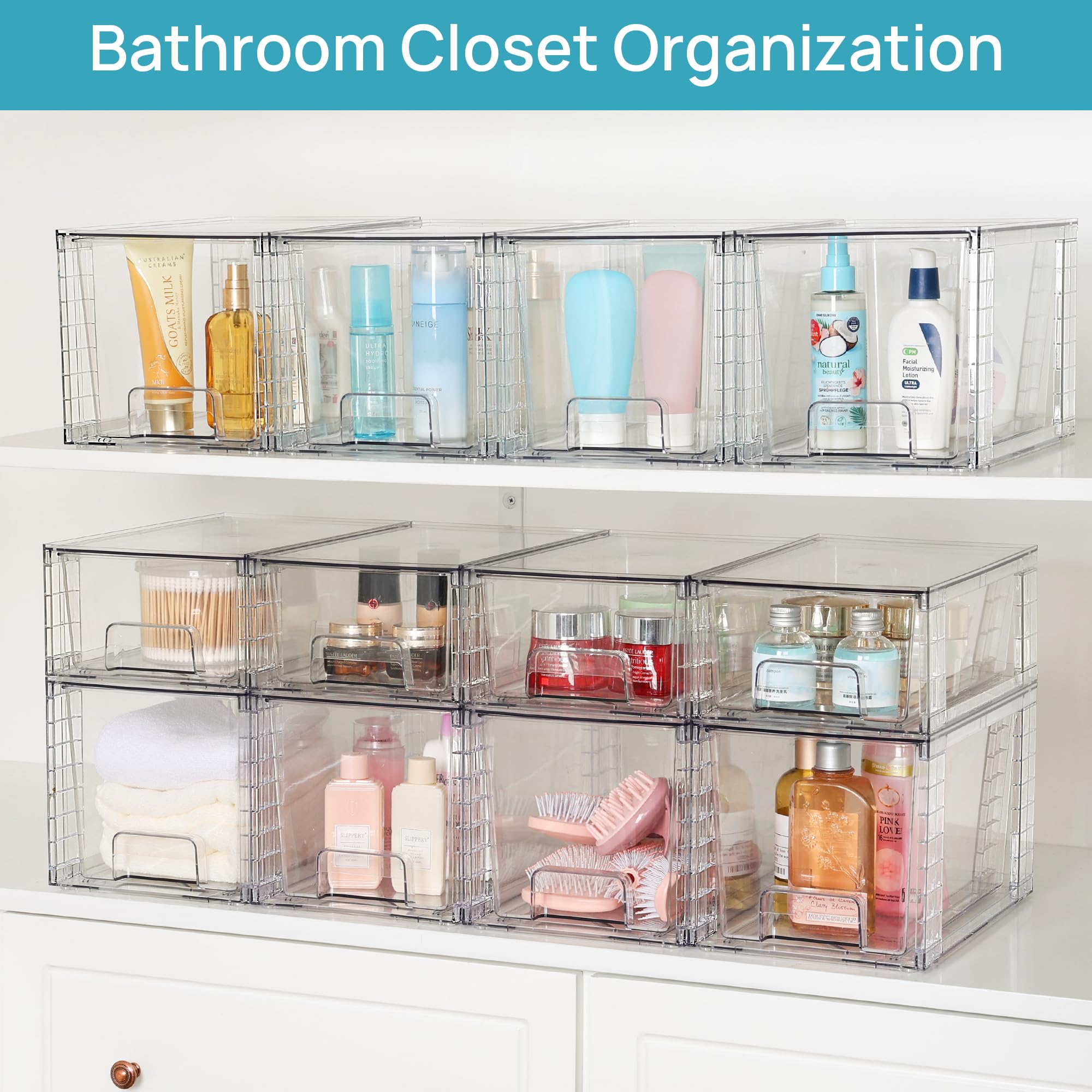 Vtopmart 4 Pack Stackable Clear Acrylic Storage Drawers for Pantry & Bathroom