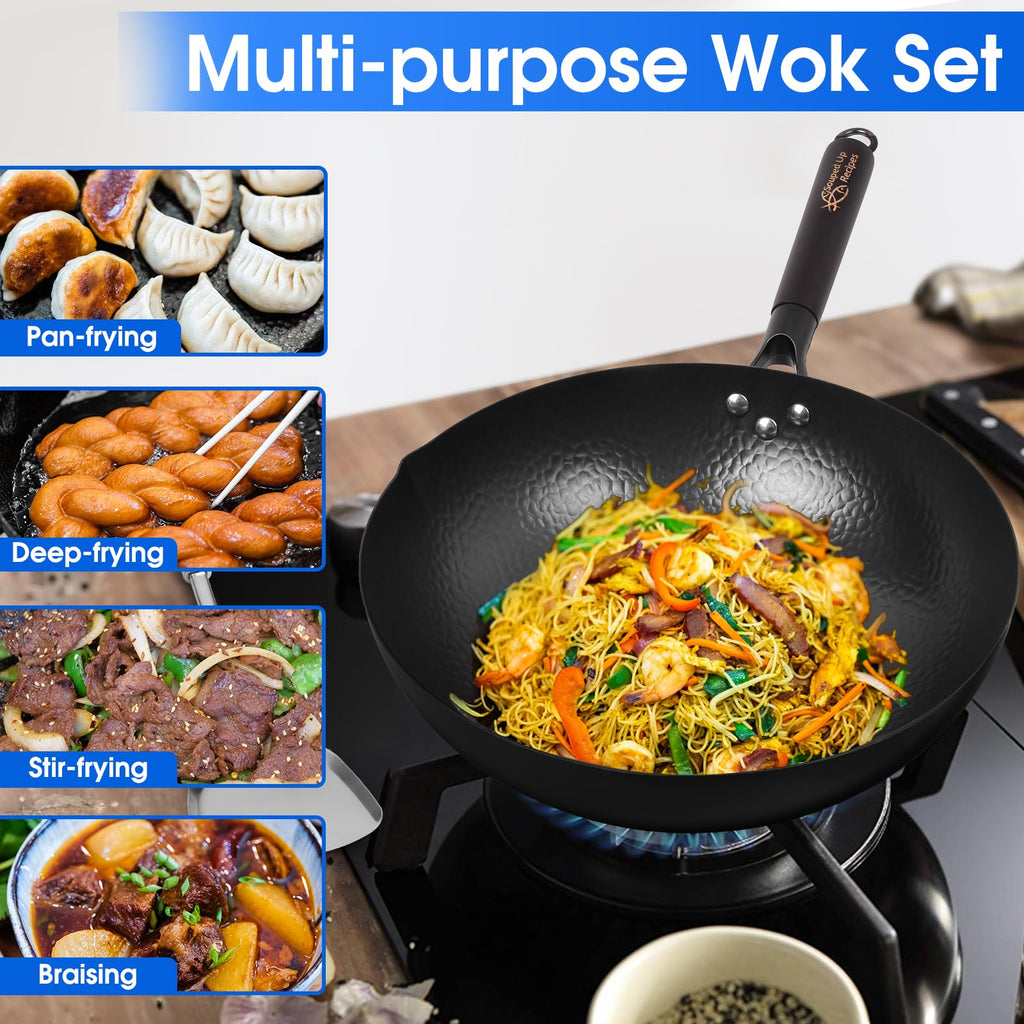 Souped Up Recipes 13.4 Inch Carbon Steel Wok with Lid and Spatula