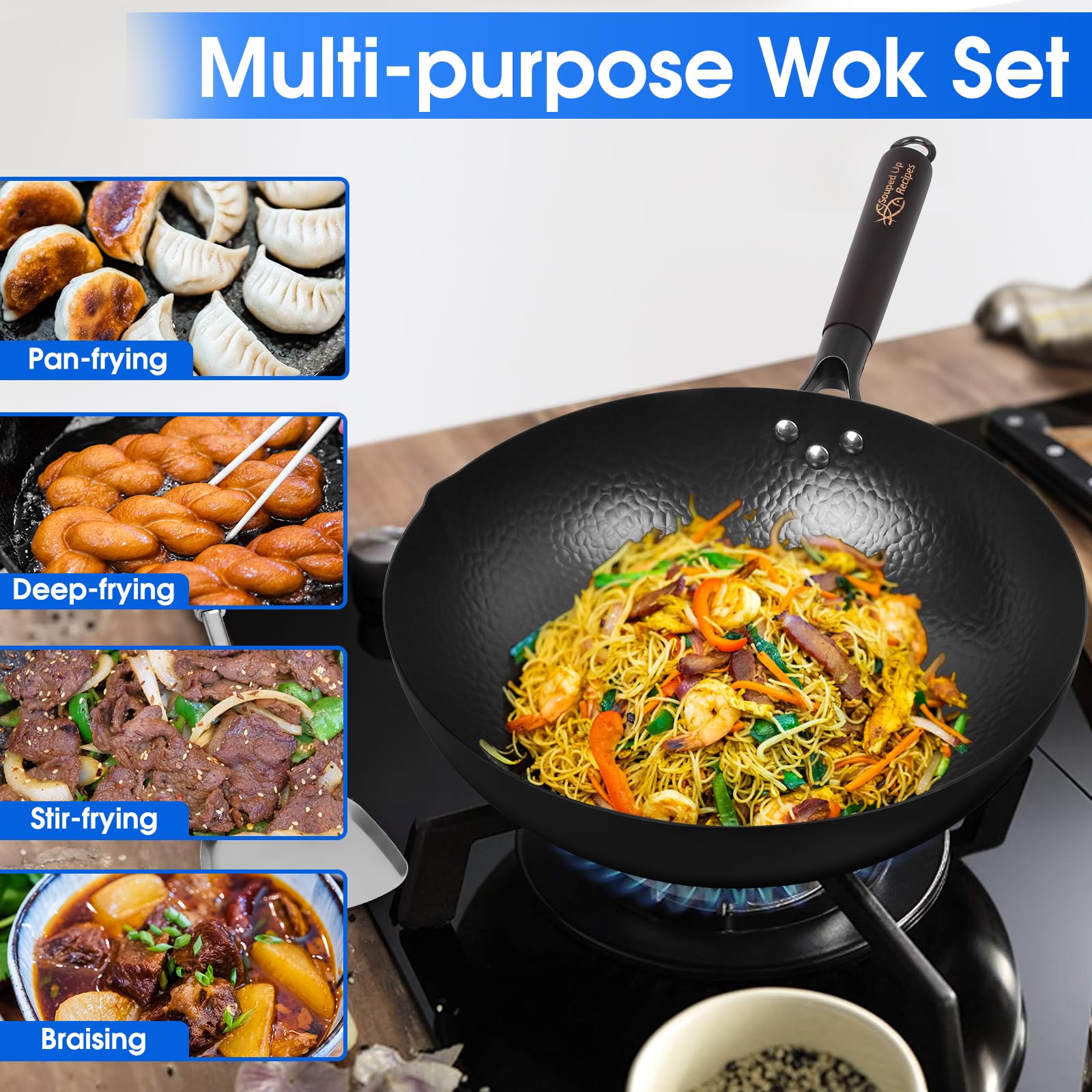 Souped Up Recipes 13.4 Inch Carbon Steel Wok with Lid and Spatula