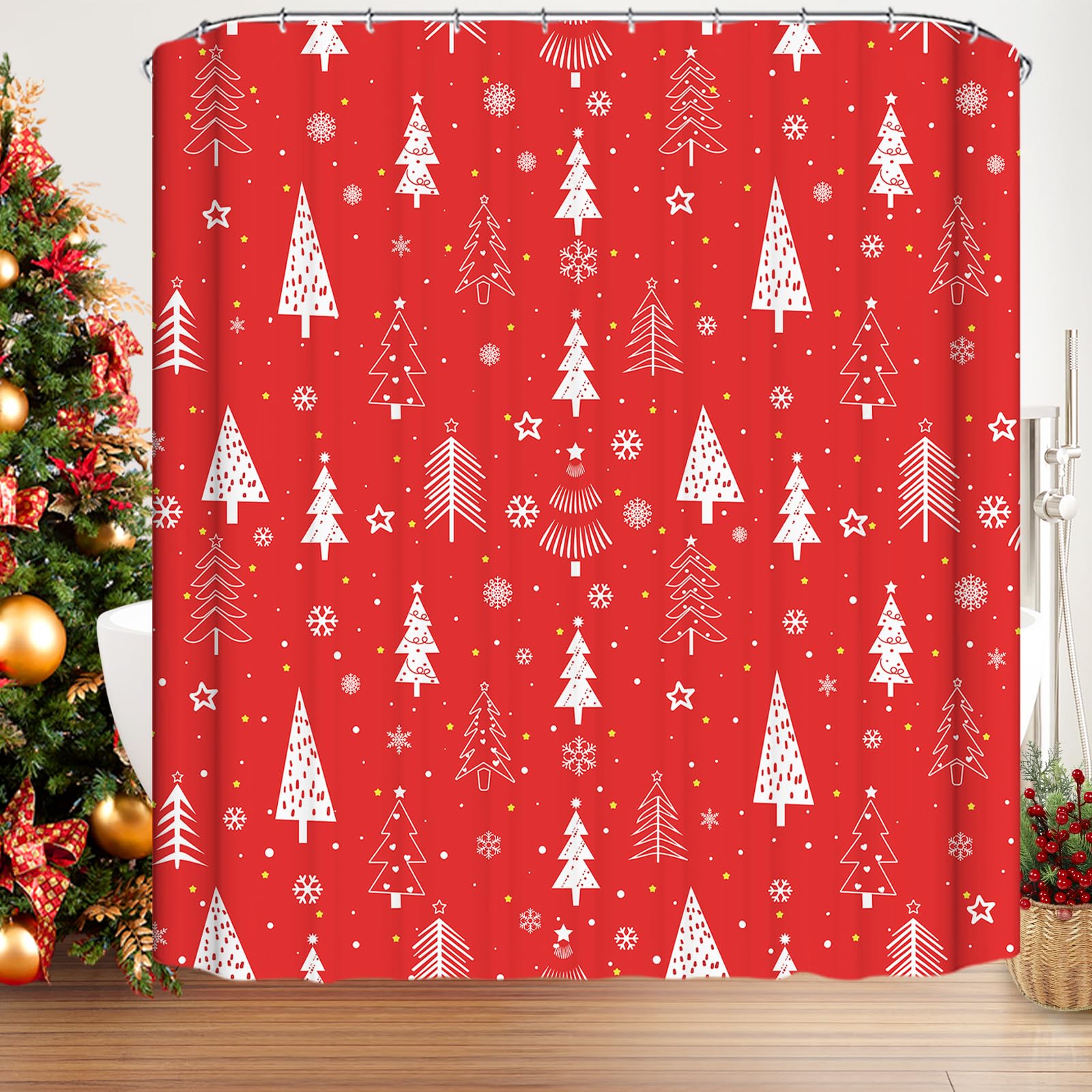 Famibay Christmas Tree Shower Curtain | Red Waterproof Polyester, 180x180cm