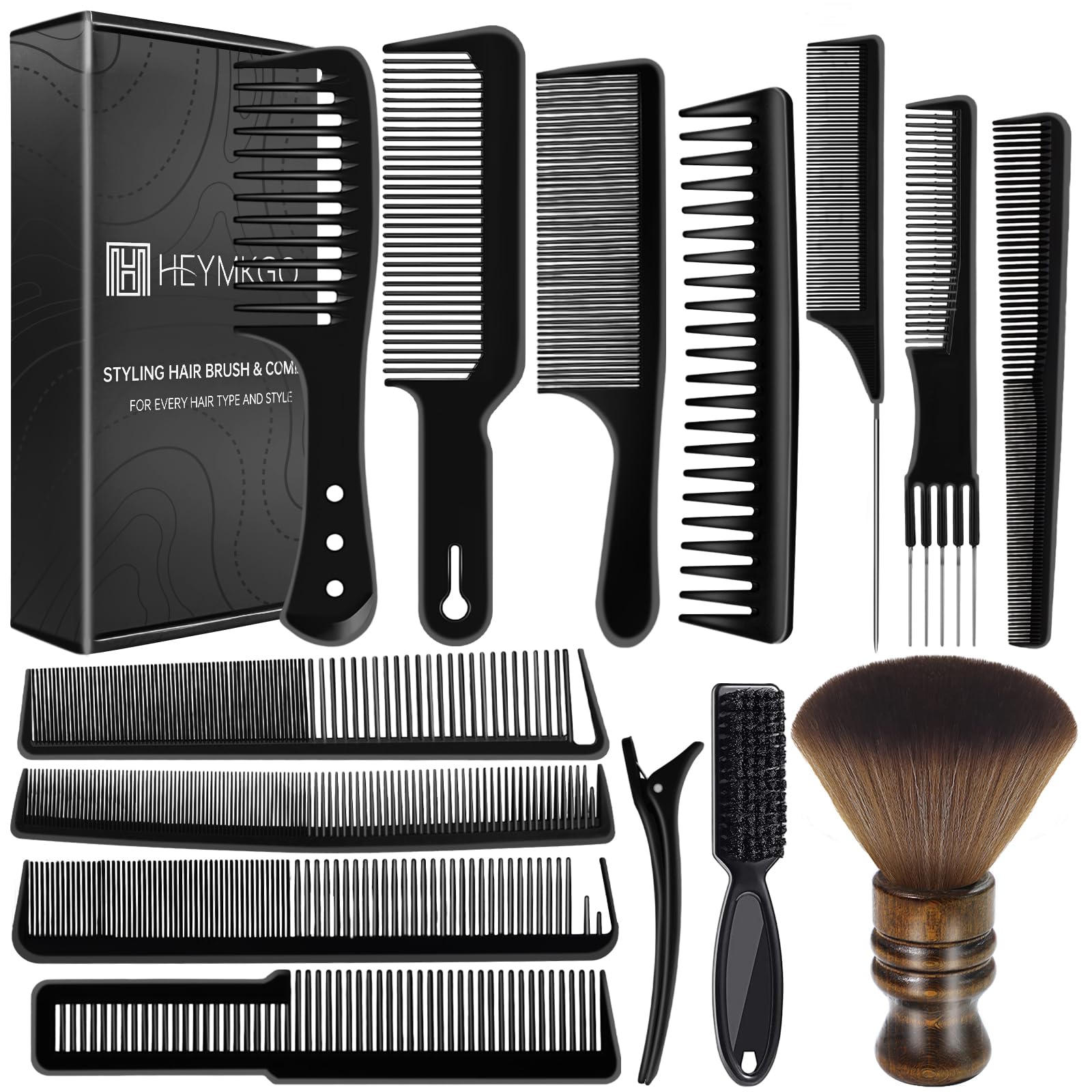 HEYMKGO 14-Piece Professional Barber Hair Comb Set with Neck Duster