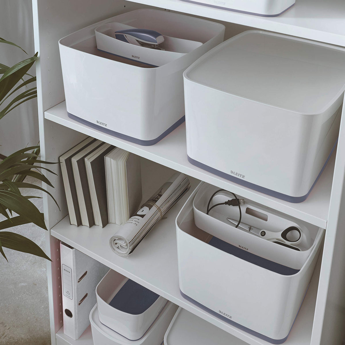 Leitz Large MyBox with Lid, Storage Box for Home and Office, High Gloss Plastic,18 Litre, A4, White/Grey - image 3