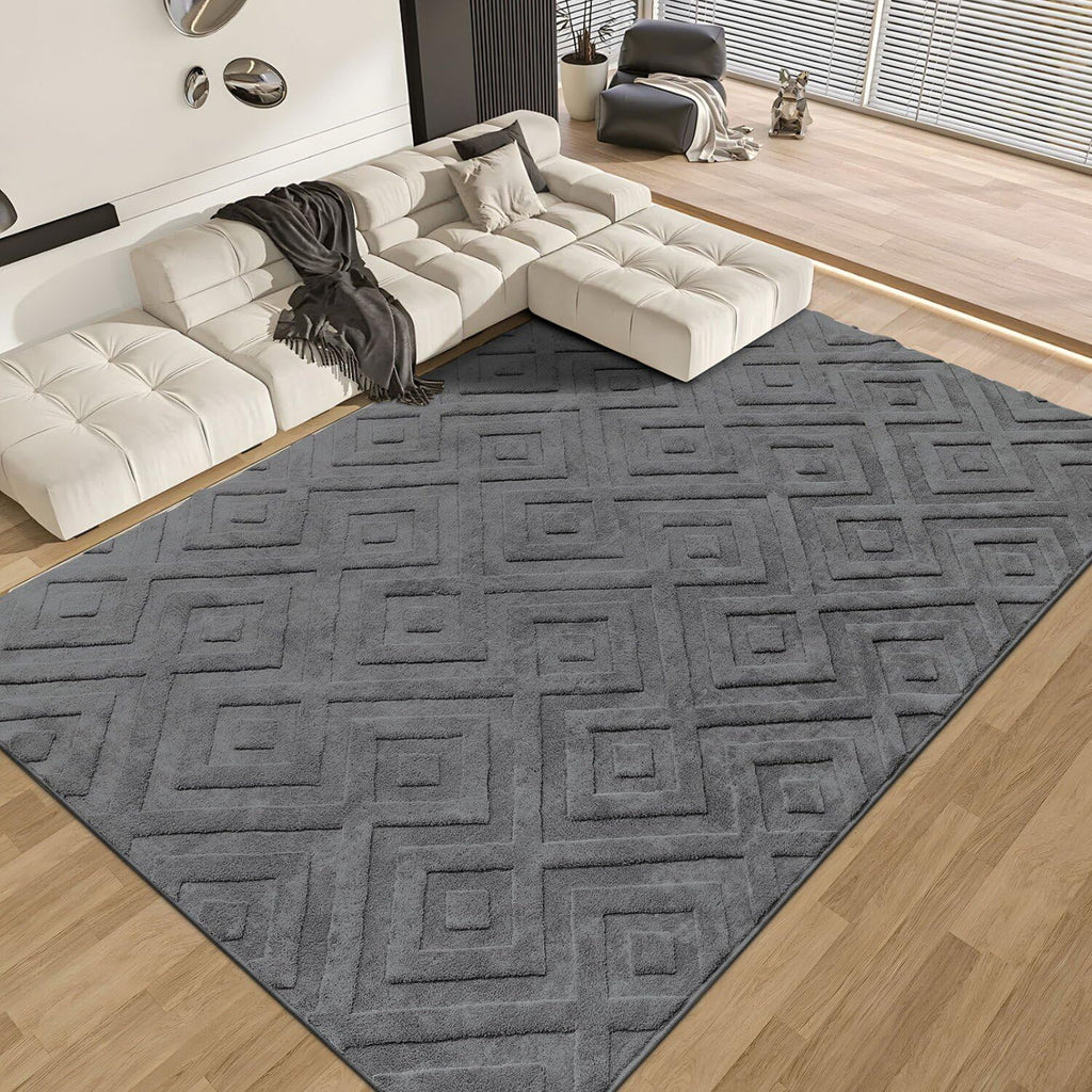 SHACOS Washable Grey Area Rug – 160x230cm Modern Shaggy Geometric Carpet