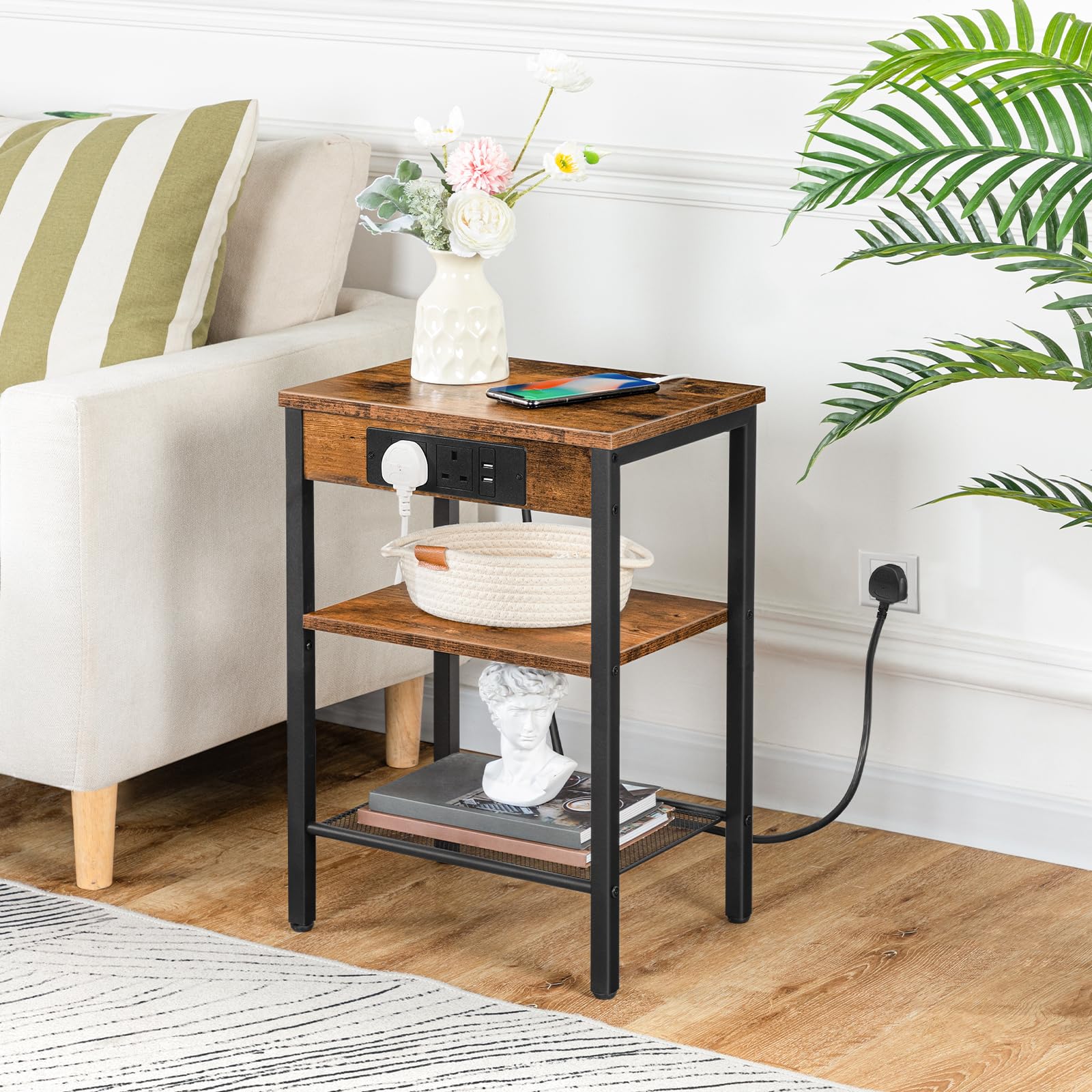 HOOBRO Narrow Side Table with Charging Station | 3-Tier Rustic Bedside Table