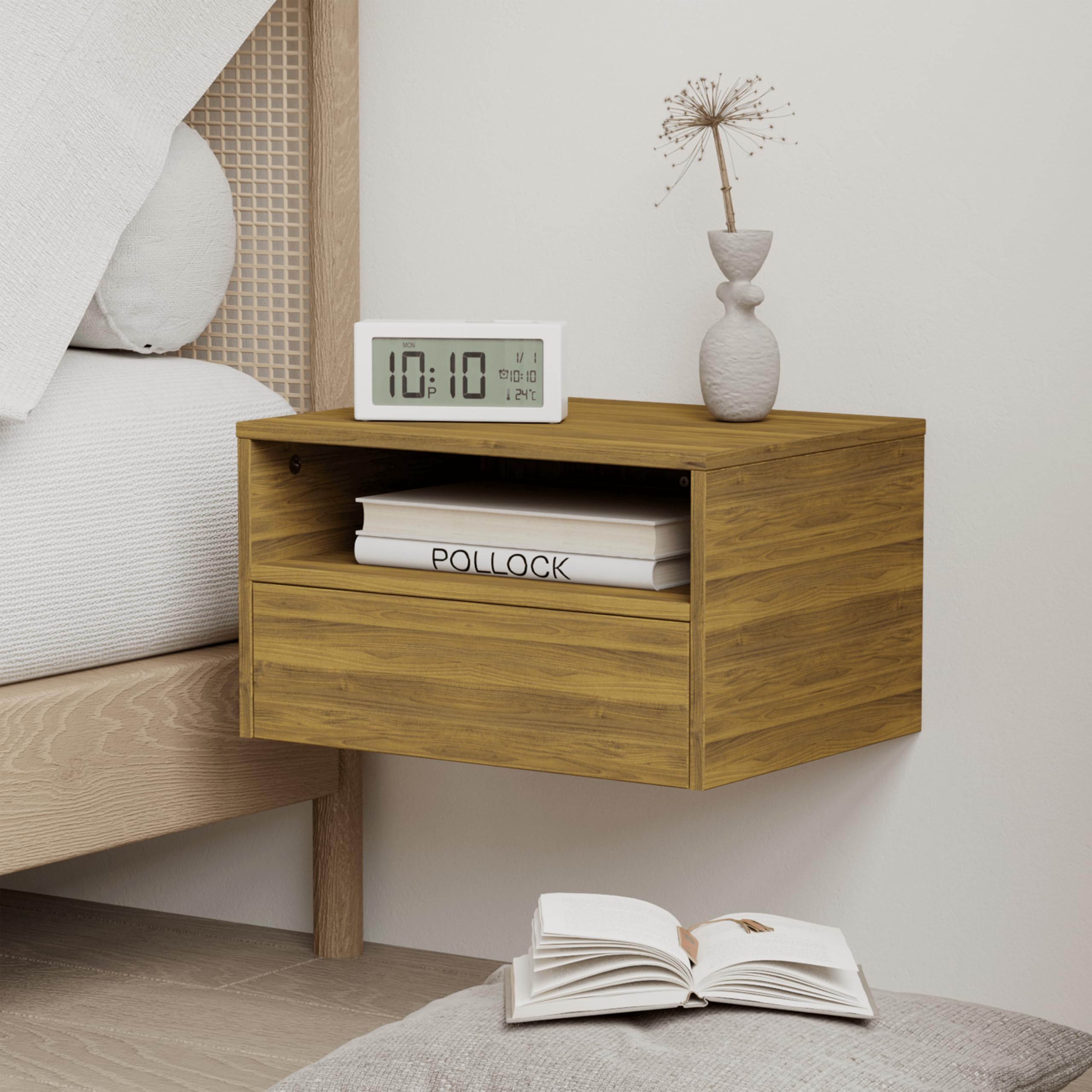 JERX Floating Nightstand – Wall Mounted Bedside Table with Drawer, Walnut