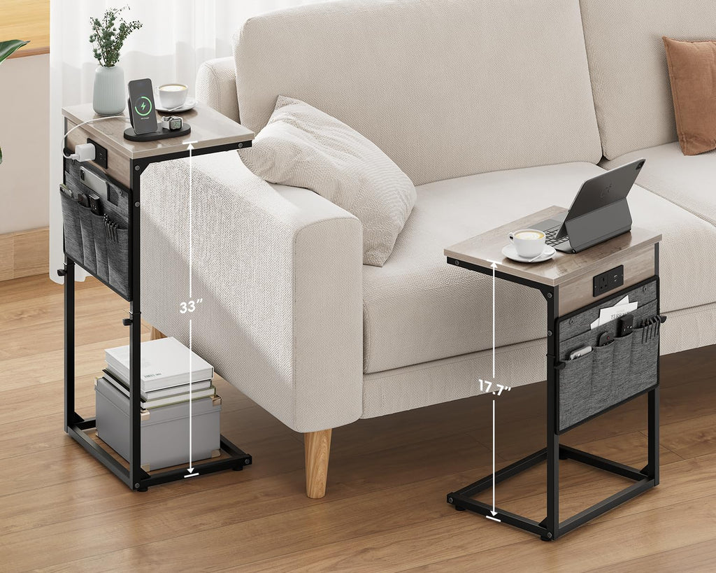 Vagusicc C-Shaped Side Table with Charging Station, Height Adjustable Sofa Side Table, Bedside Table, End Table for Small Spaces - image 2