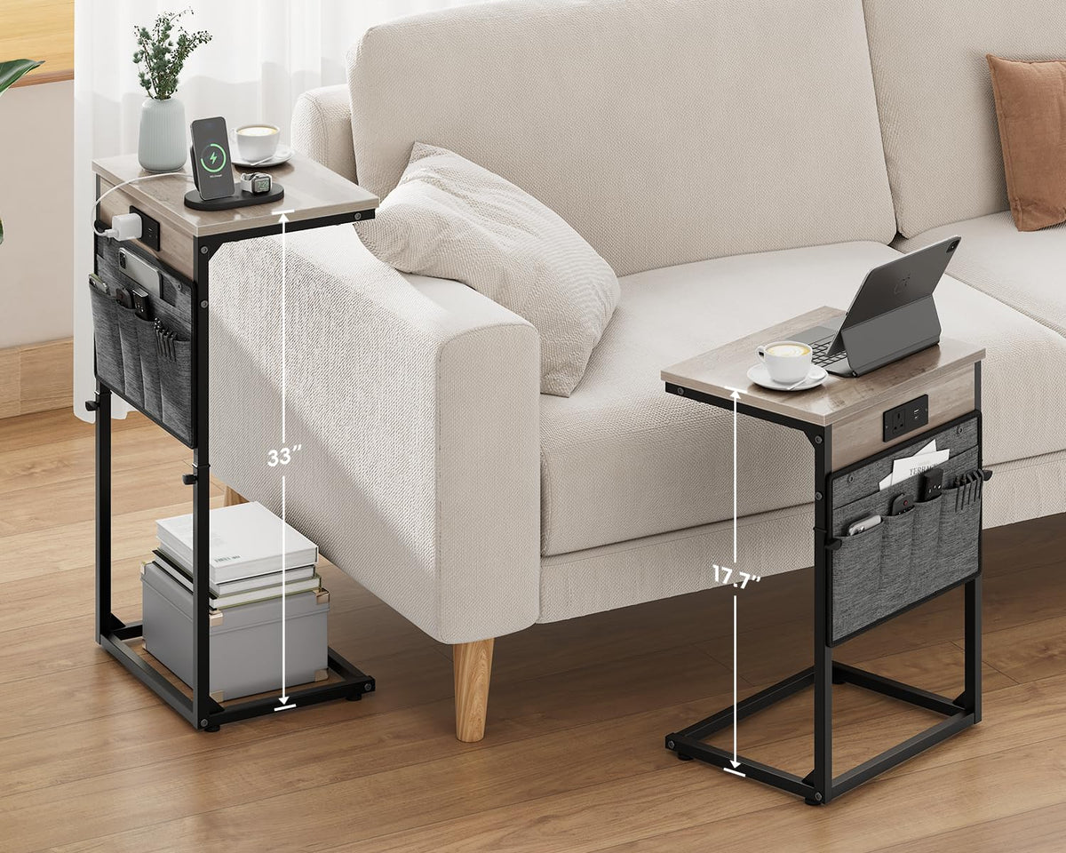 Vagusicc C-Shaped Side Table with Charging Station, Height Adjustable Sofa Side Table, Bedside Table, End Table for Small Spaces - image 2
