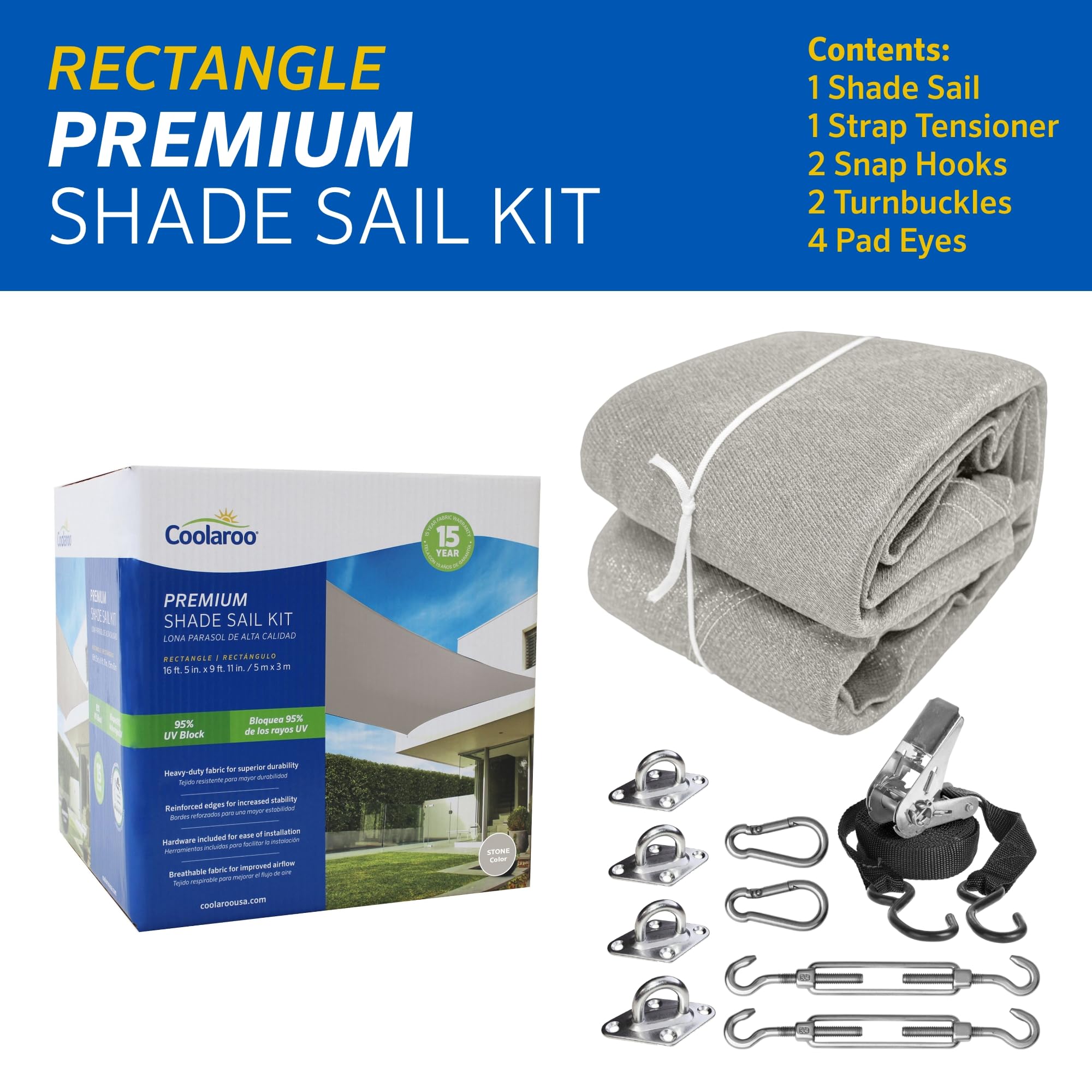 Coolaroo Premium Shade Sail Kit | 16'5"x9'11" Rectangle HDPE Canopy, Stone