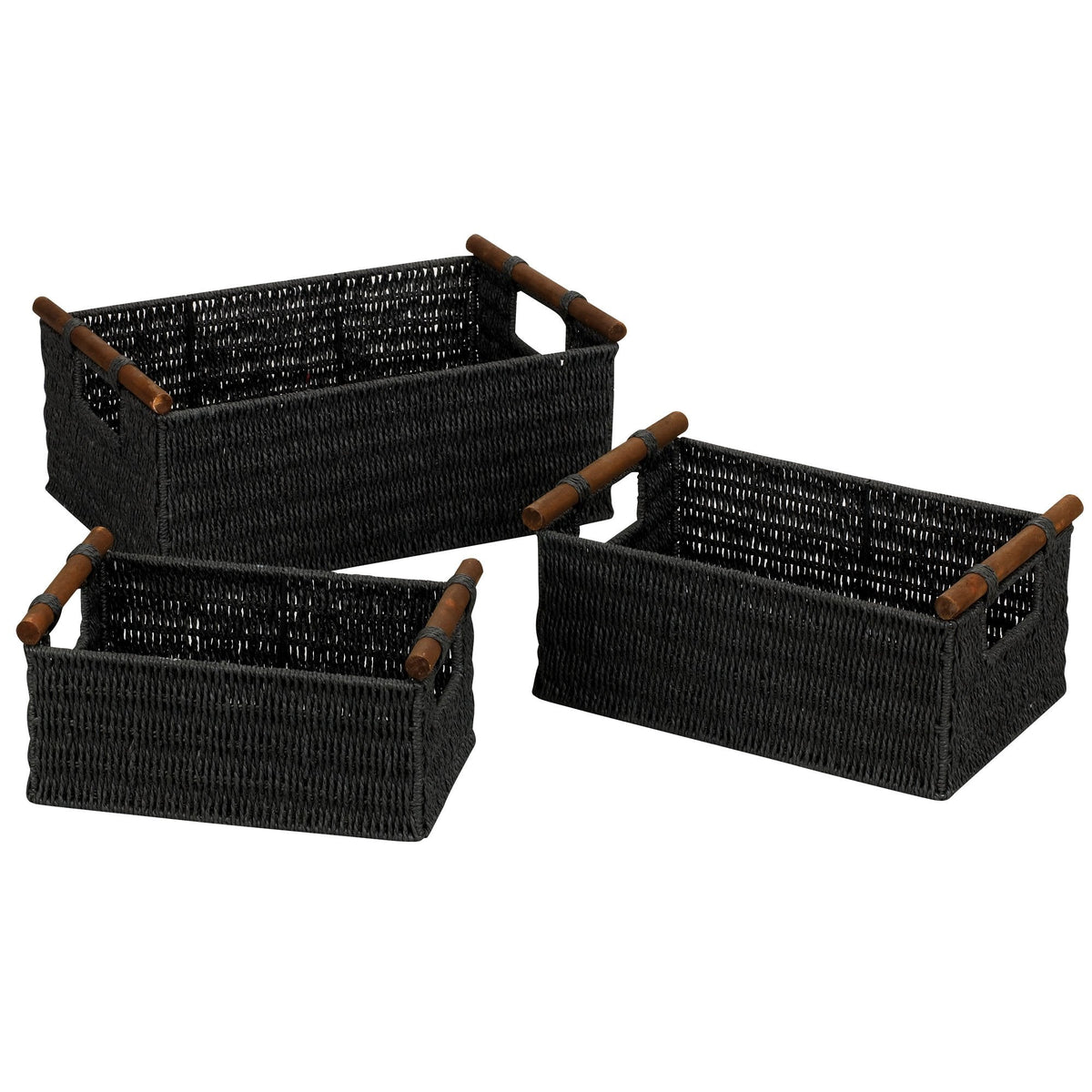 Household Essentials Decorative Woven Baskets, Set of 3 Baskets, Paper Rope with Wood Handles, Sturdy Metal Frame, Small, Medium and Large, Black - image 1