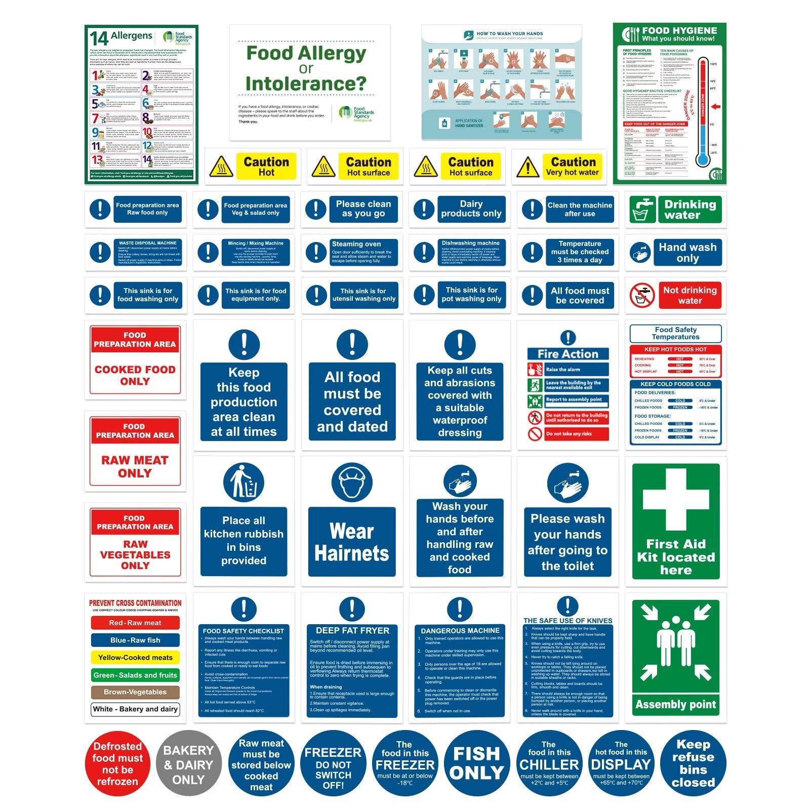 Jolof Store 54 Pcs Kitchen Safety Signs - Waterproof Vinyl Hygiene Pack