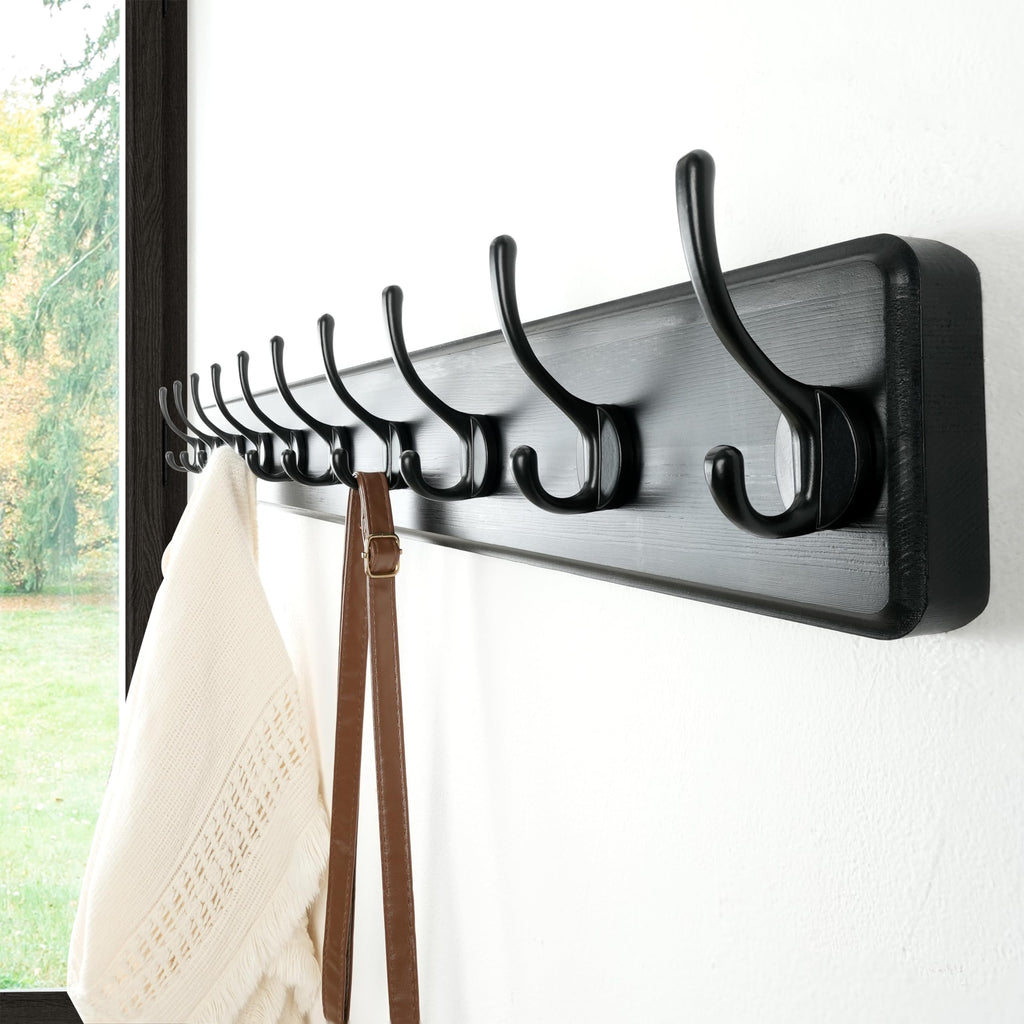 Dseap Heavy-Duty Wooden Wall Mounted Coat Rack - 97cm, 10 Hooks, 2 Pack