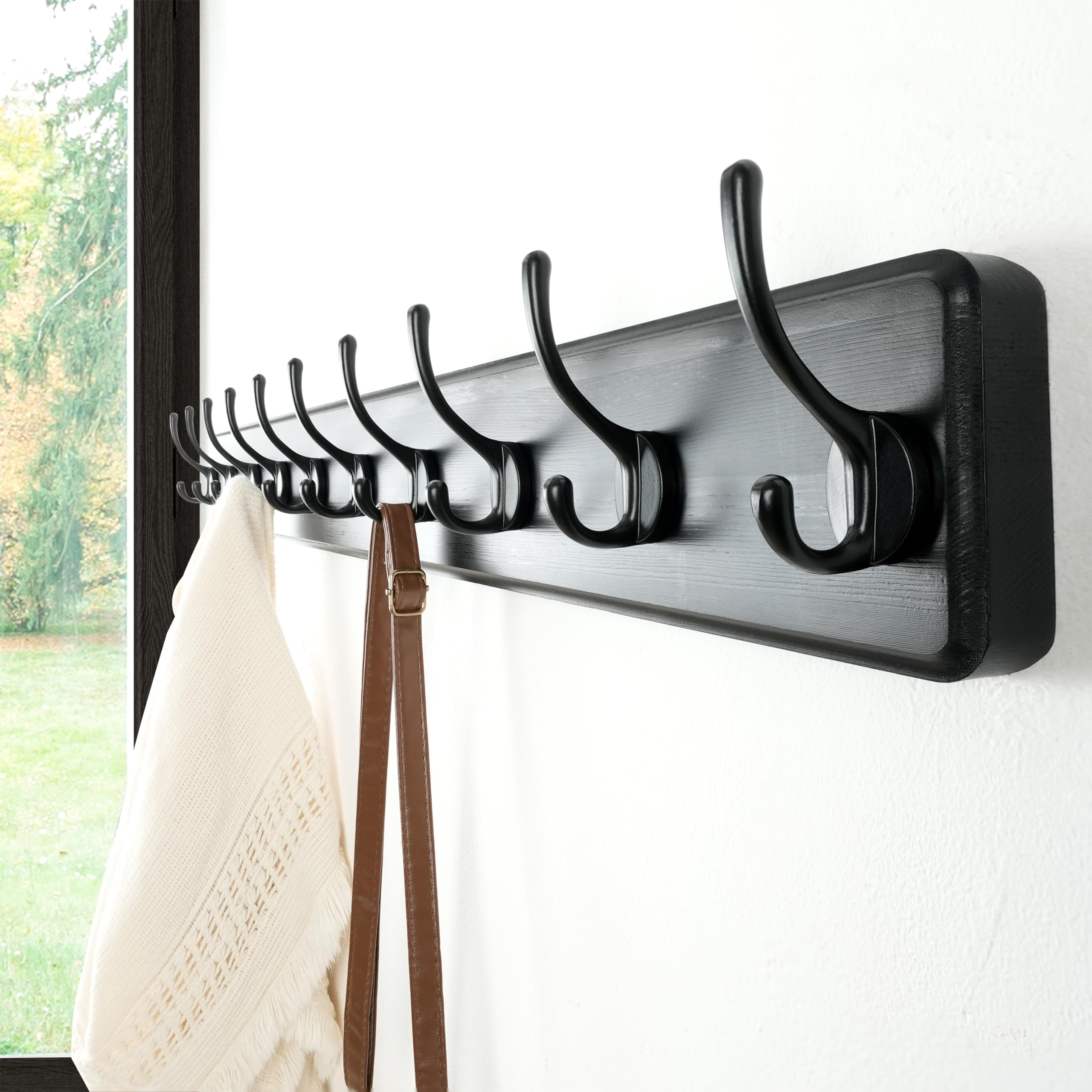 Dseap Heavy-Duty Wooden Wall Mounted Coat Rack - 97cm, 10 Hooks, 2 Pack