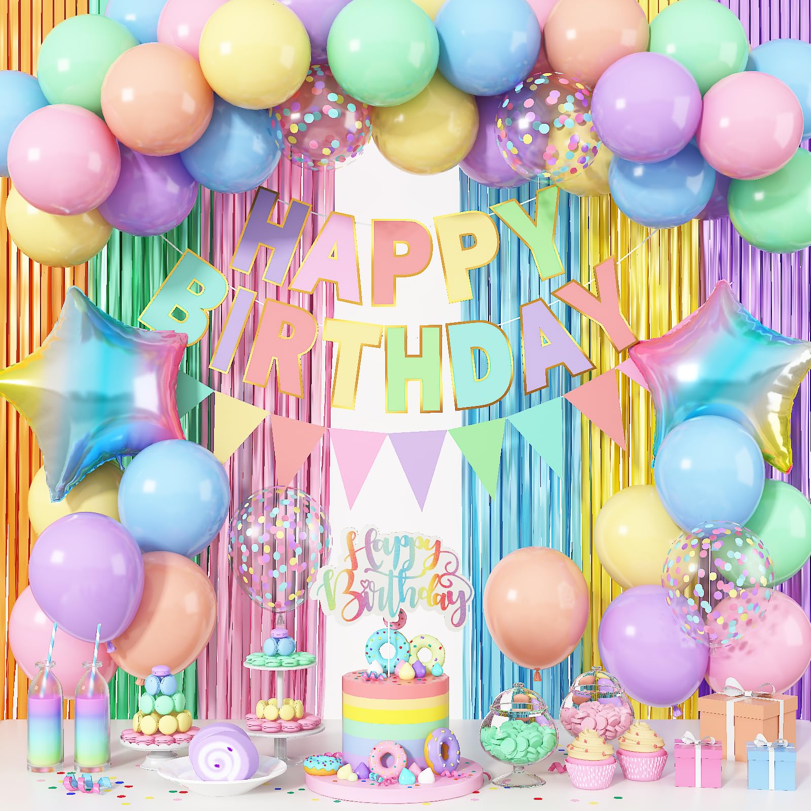 Jobkoo Pastel Birthday Decorations Kit – Rainbow Balloon Arch & Banner