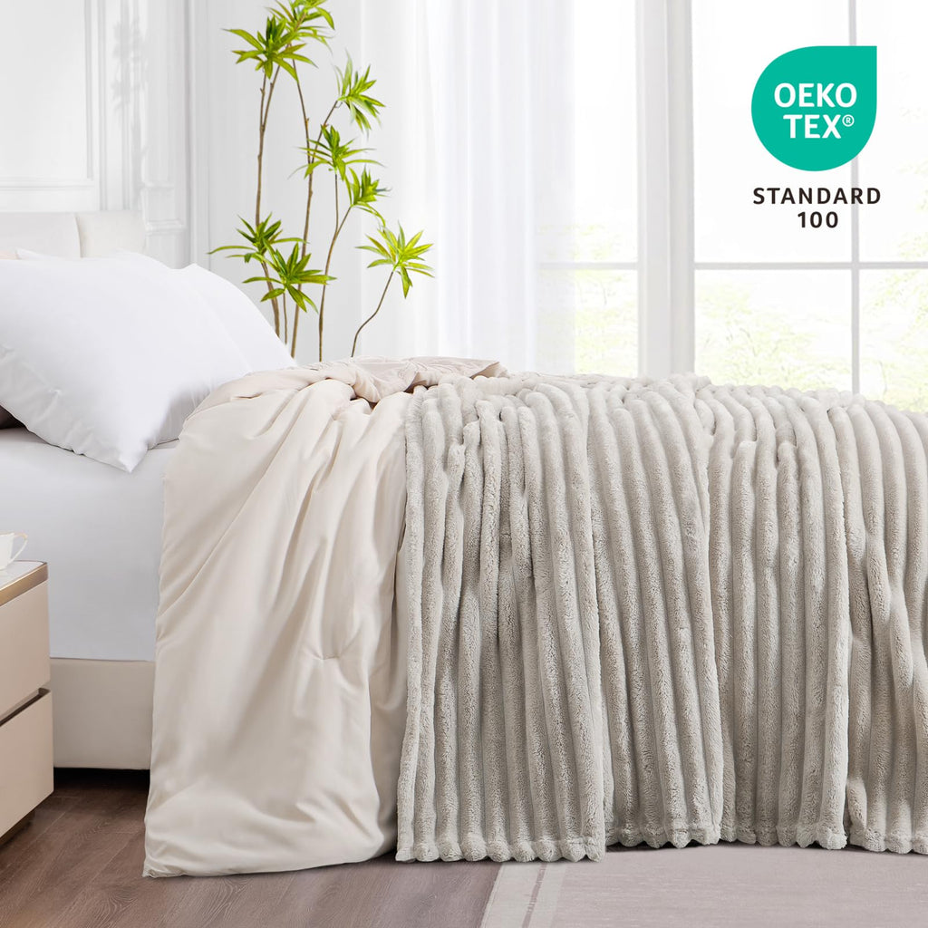 RUIKASI Fleece Throw Blanket – King Size Ribbed Beige Sofa Blanket
