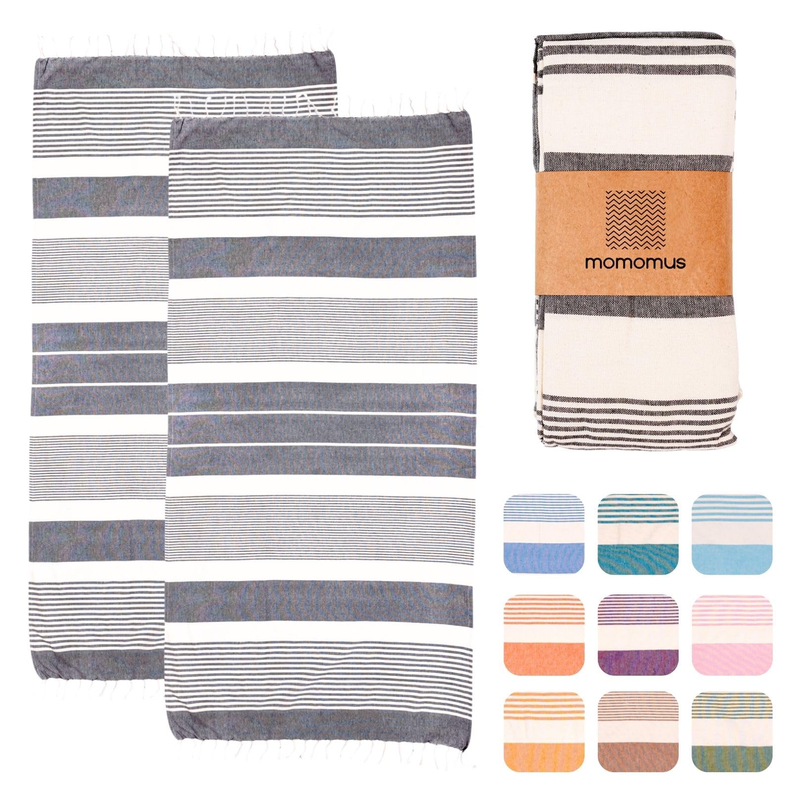 MOMOMUS 2-Pack XL Cotton Beach Towels – Grey 90x180cm Fouta Set
