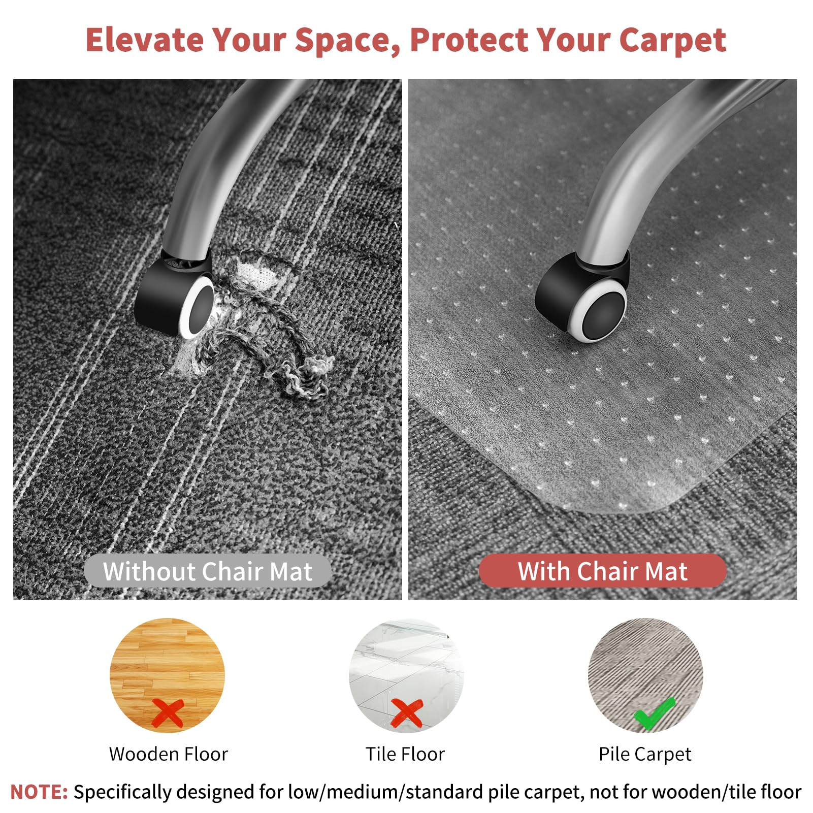 MUEZDUR PVC Chair Mat for Carpets – 90x120cm Studded Floor Protector