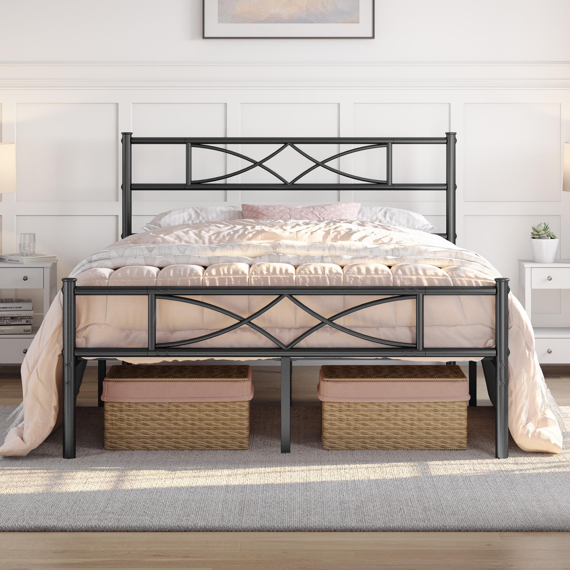 Yaheetech King Metal Platform Bed Frame with Curved Headboard – Black