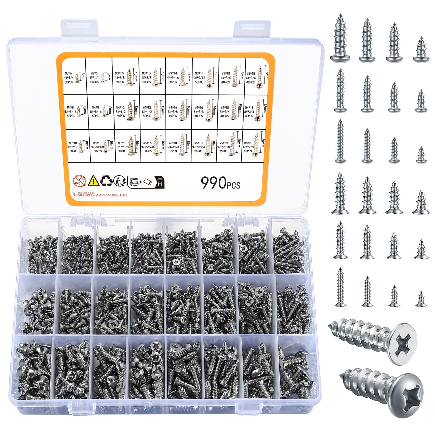 990pcs Stainless Steel Self Tapping Screws Assortment Set