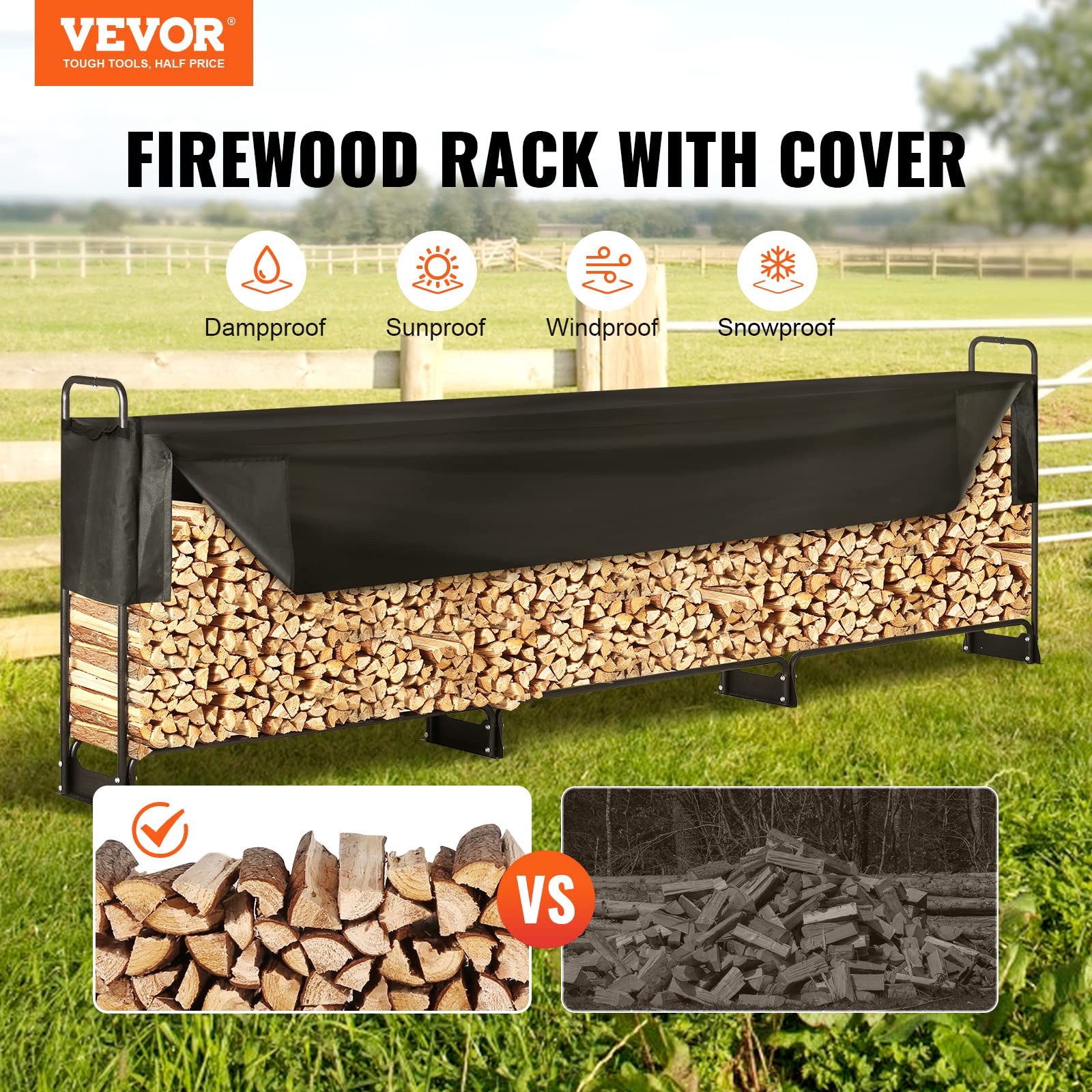 VEVOR 12.7FT Outdoor Firewood Rack with 600D Waterproof Cover, 3/4 Cord