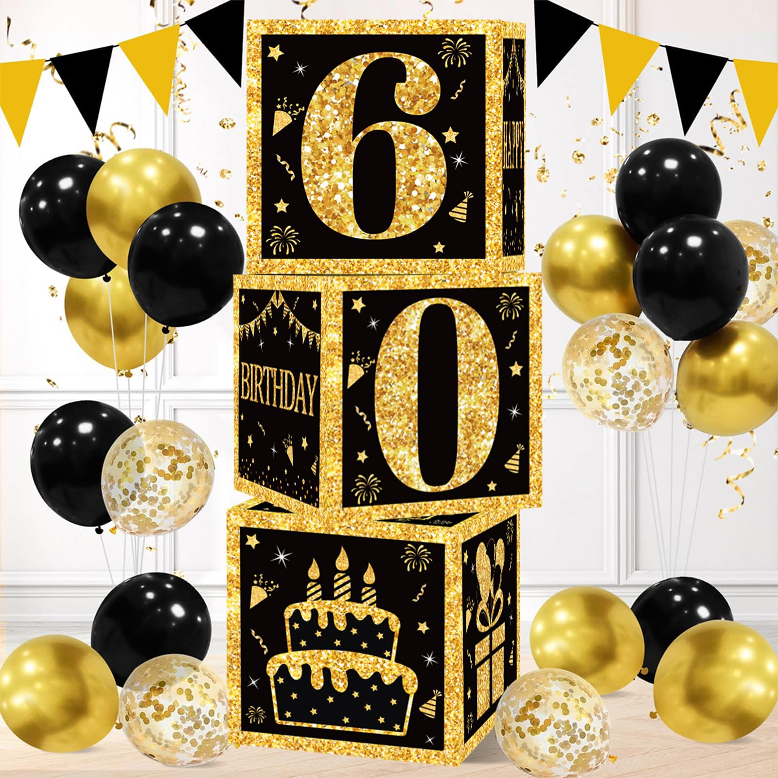 QIFU 60th Birthday Decoration Boxes – 3pc Black and Gold Party Blocks