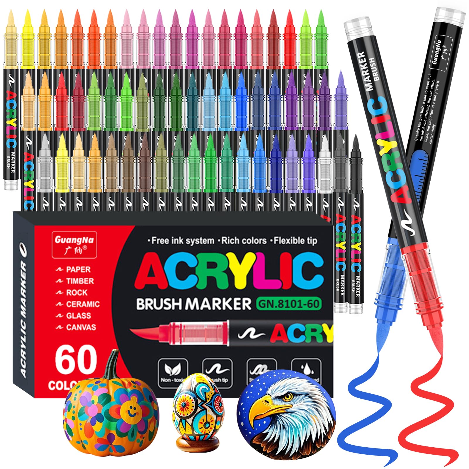 Funnasting 60 Colors Acrylic Paint Pens | Soft Brush Tip Markers for Rock Art