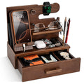 TESLYAR Wood Phone Docking Station with Drawer – Antique Brown Organizer