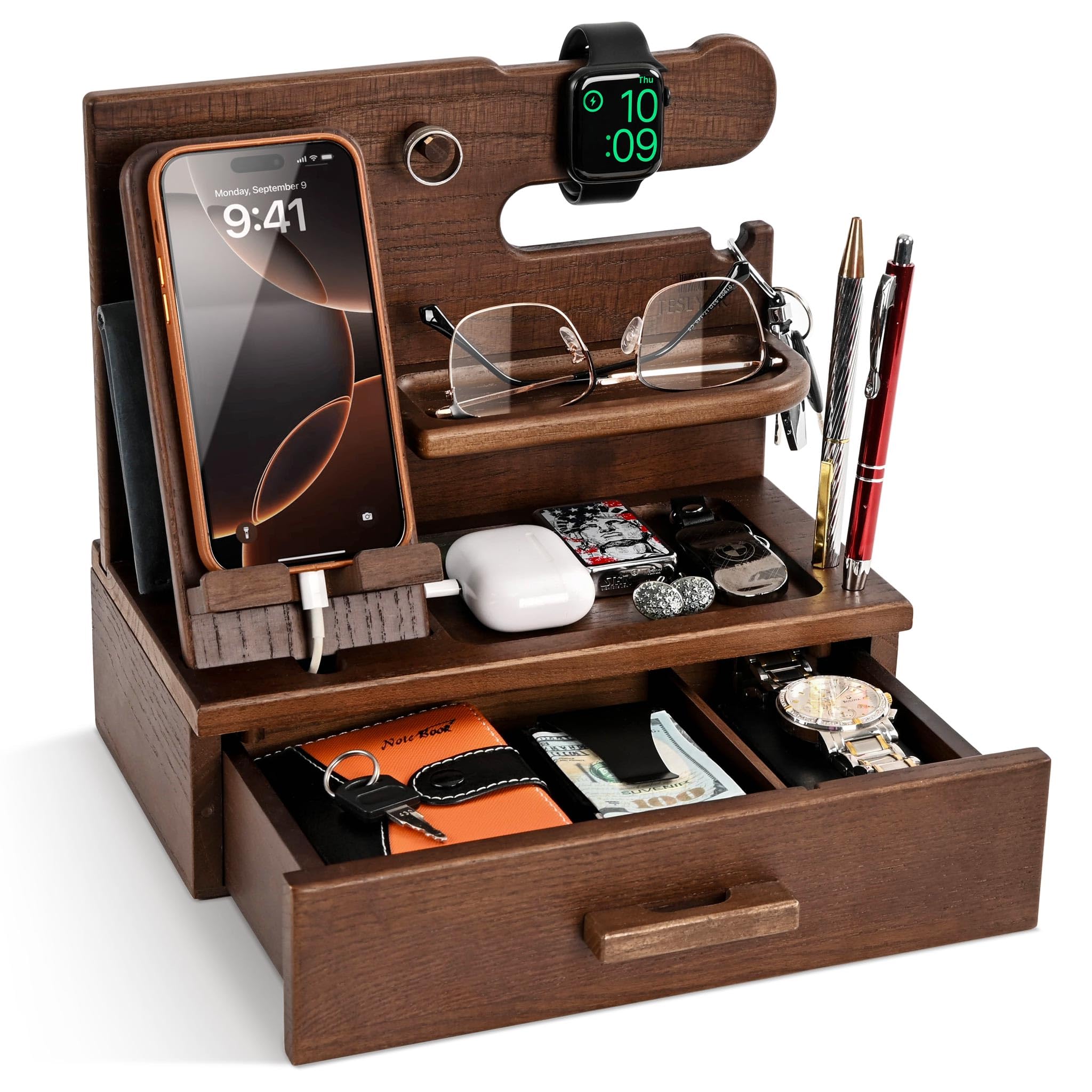 TESLYAR Wood Phone Docking Station with Drawer – Antique Brown Organizer