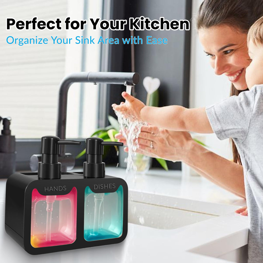 4-in-1 Kitchen Soap Dispenser Set - Dual Hand & Dish Soap Dispenser with Sponge Caddy & Brush Holder - Kitchen Sink Organizer for Countertop Black