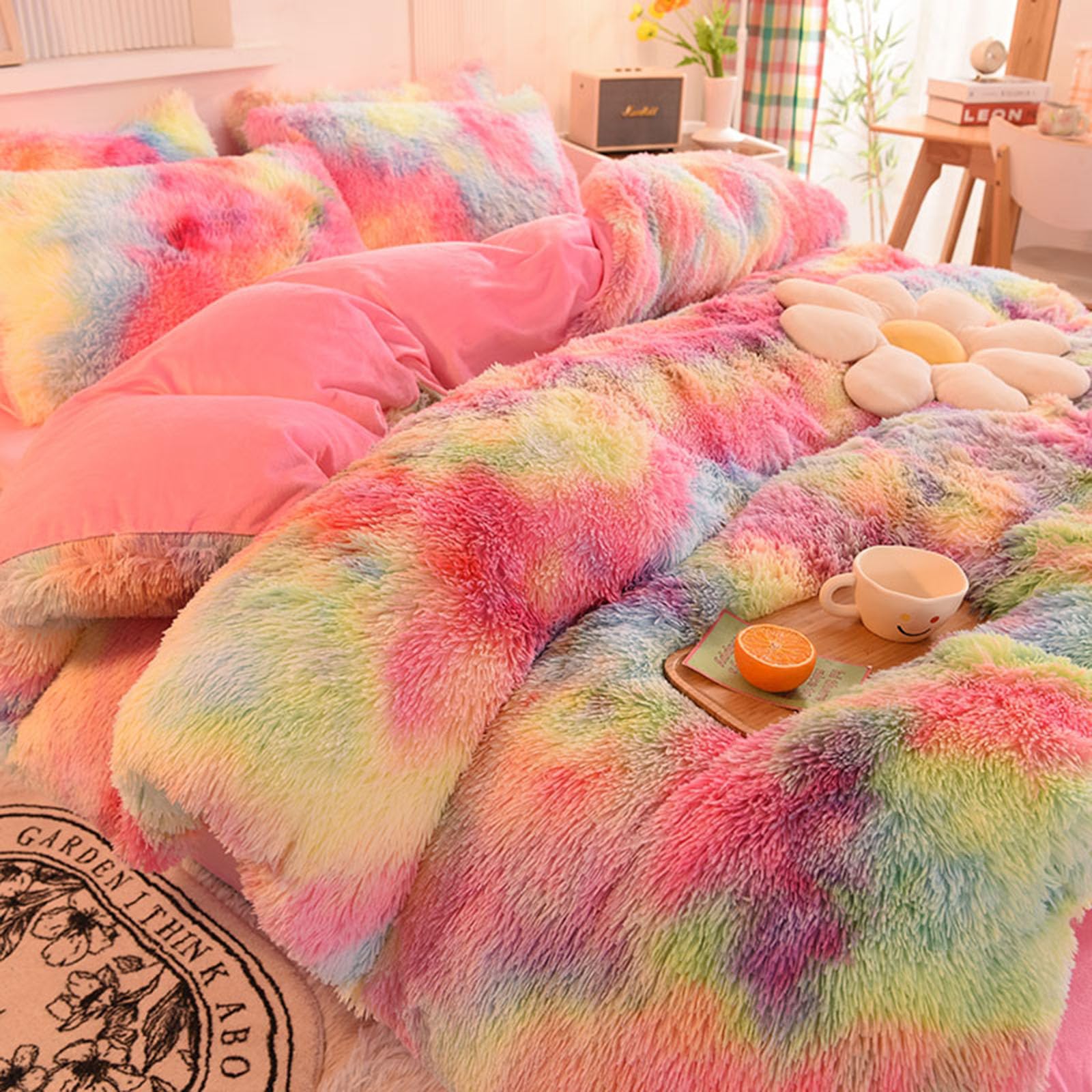 ZIQINPSQ Tie Dye Plush Shaggy Duvet Cover Set | Pink Faux Fur Bedding
