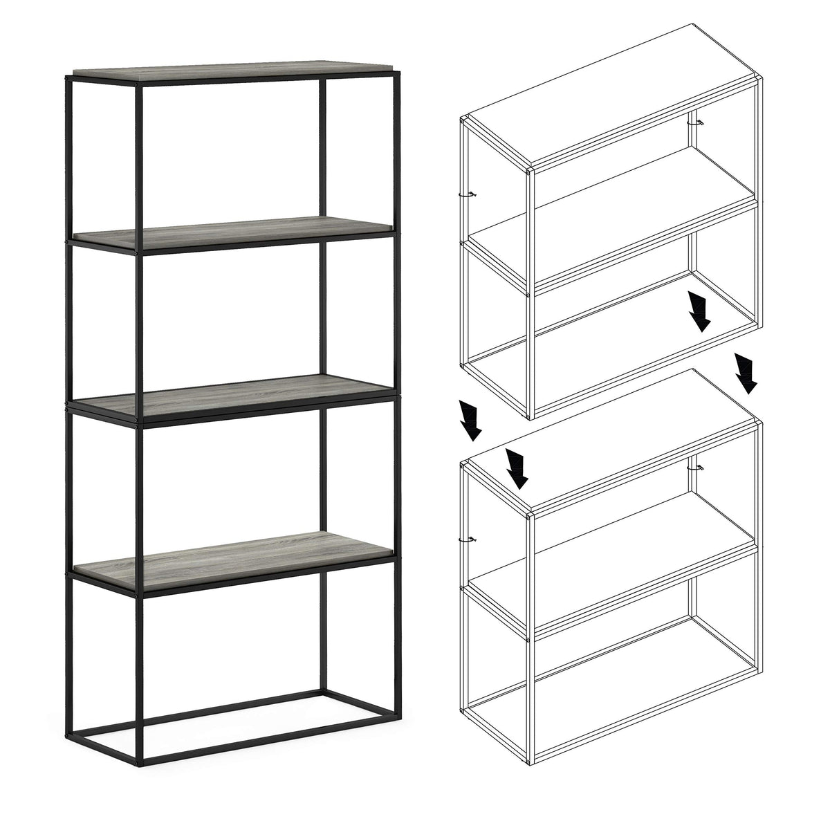 Furinno MORETTI 2-Tier Stackable Grey Book Shelf, Metal Frame Storage Shelves, Rectangular Display Shelf, Easy Assembly, for Organization and Storage - image 4