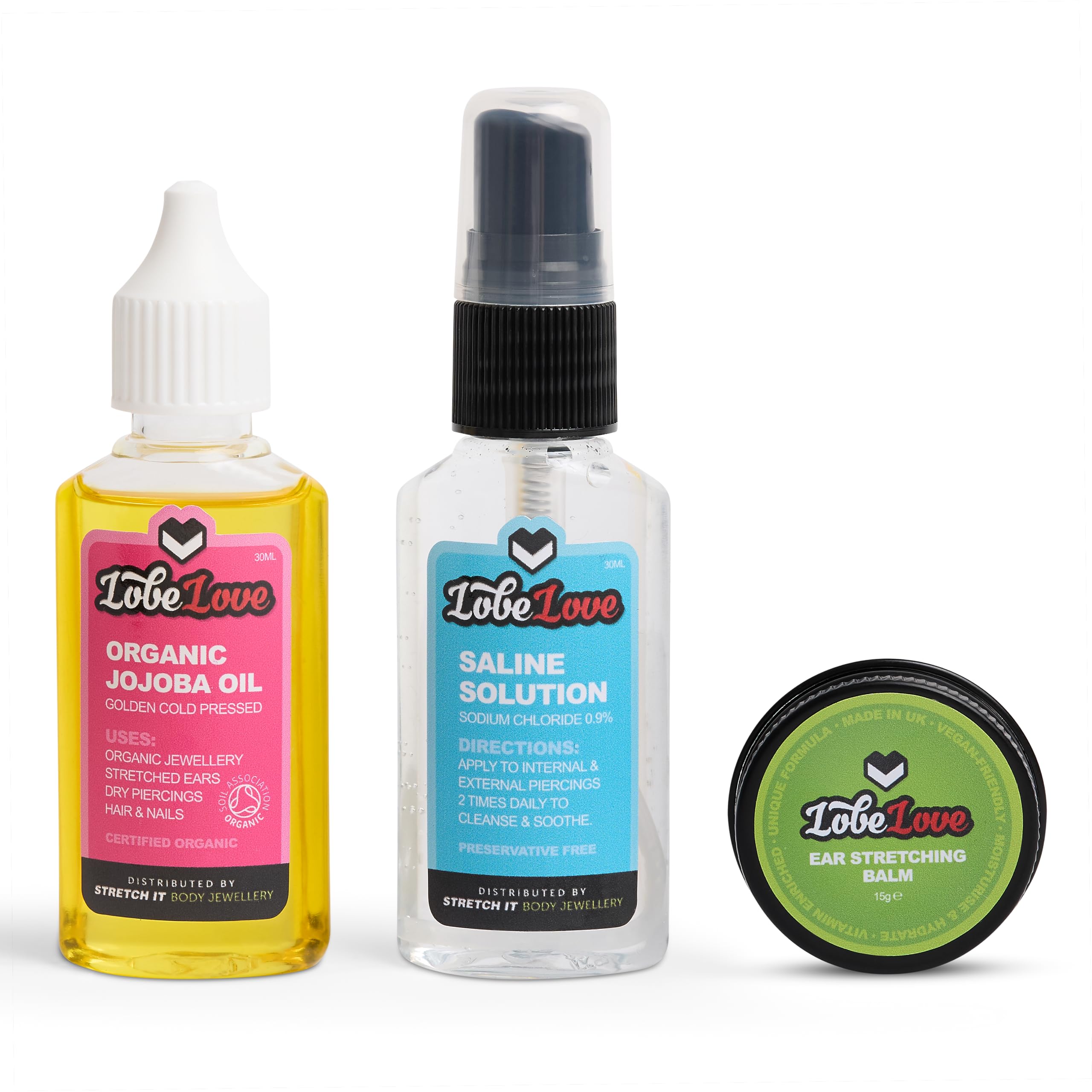 LobeLove Ear Stretching Aftercare Trio – Balm, Jojoba Oil & Saline Spray