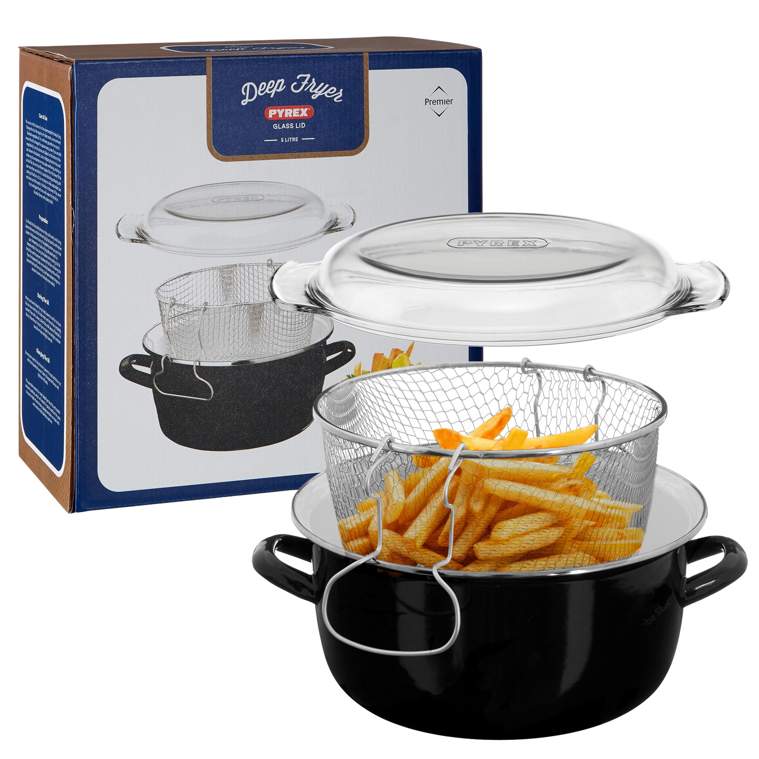 Premier Housewares 5L Deep Fryer with Pyrex Lid - Black Enamel