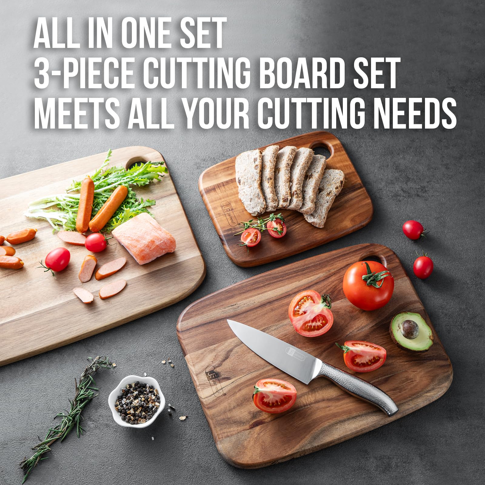 Acacia Wood Cutting Boards - Set of 3 Thick Butcher Block Trays