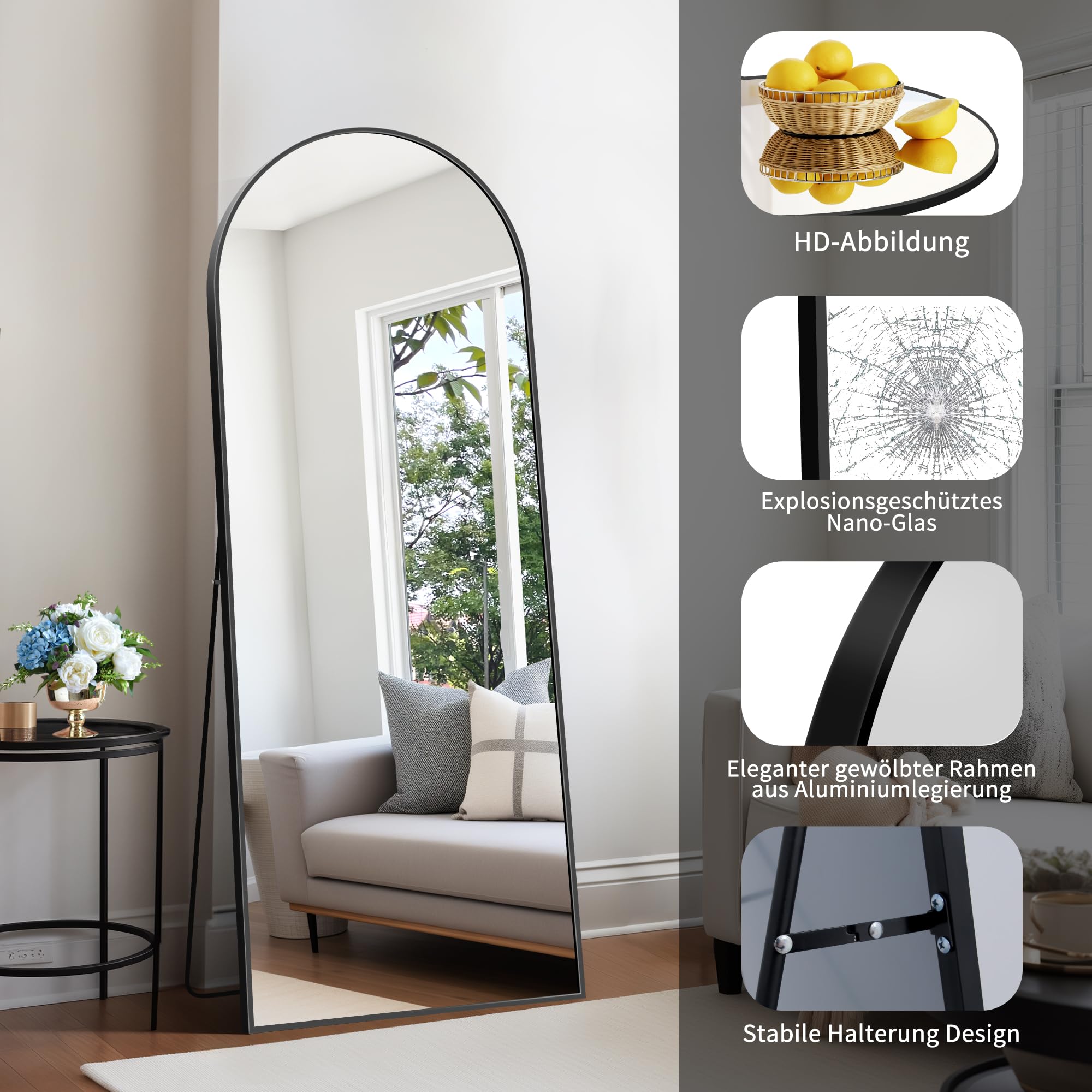 KOCUUY Arched Full Length Mirror | 161x52cm Aluminum Alloy Floor Mirror