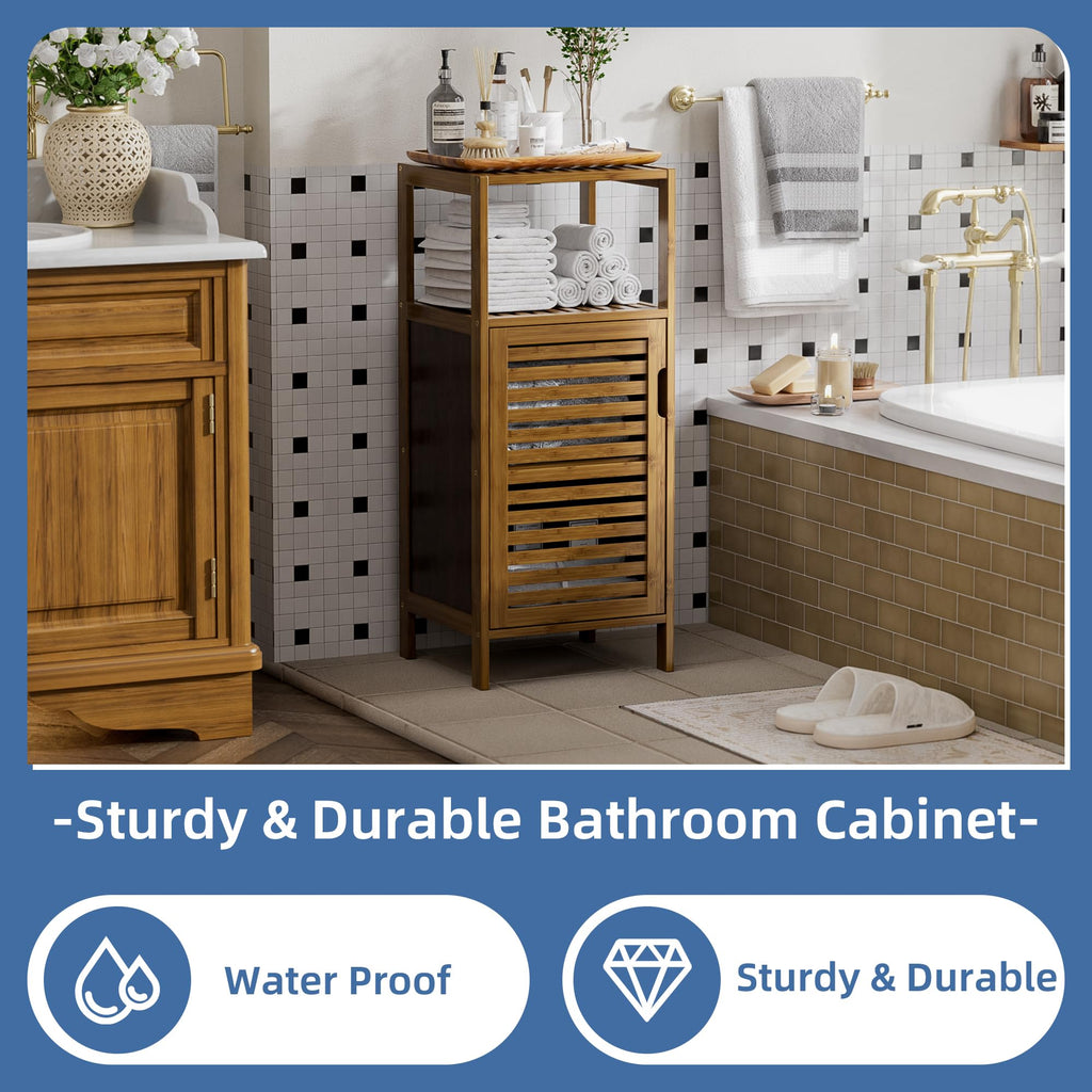 HITNET 4-Tier Bamboo Bathroom Floor Cabinet - Slim Storage Cupboard, Walnut