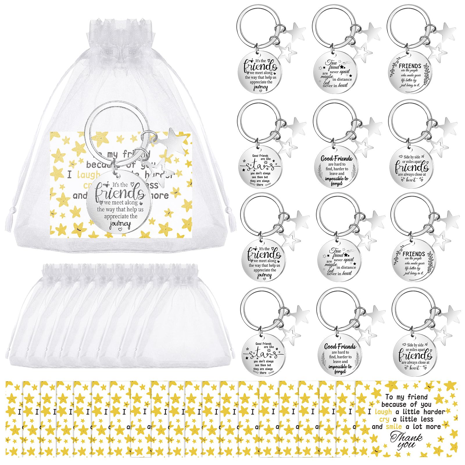 CNSJ 12-Set Friendship Keychain Bulk Gifts | Stainless Steel Star Keyrings