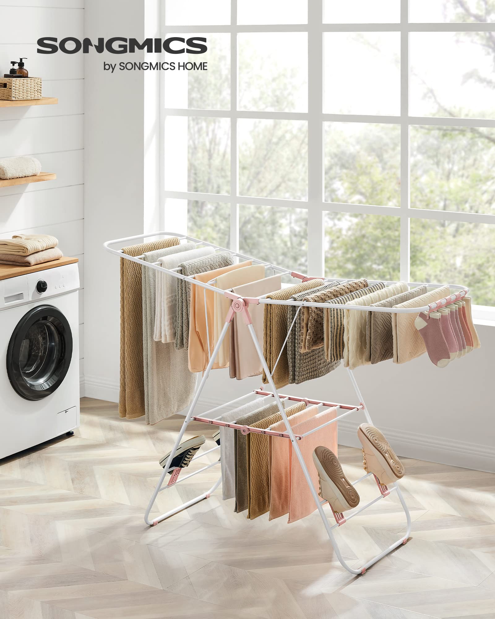 SONGMICS Foldable Clothes Drying Rack – Height-Adjustable Steel Airer