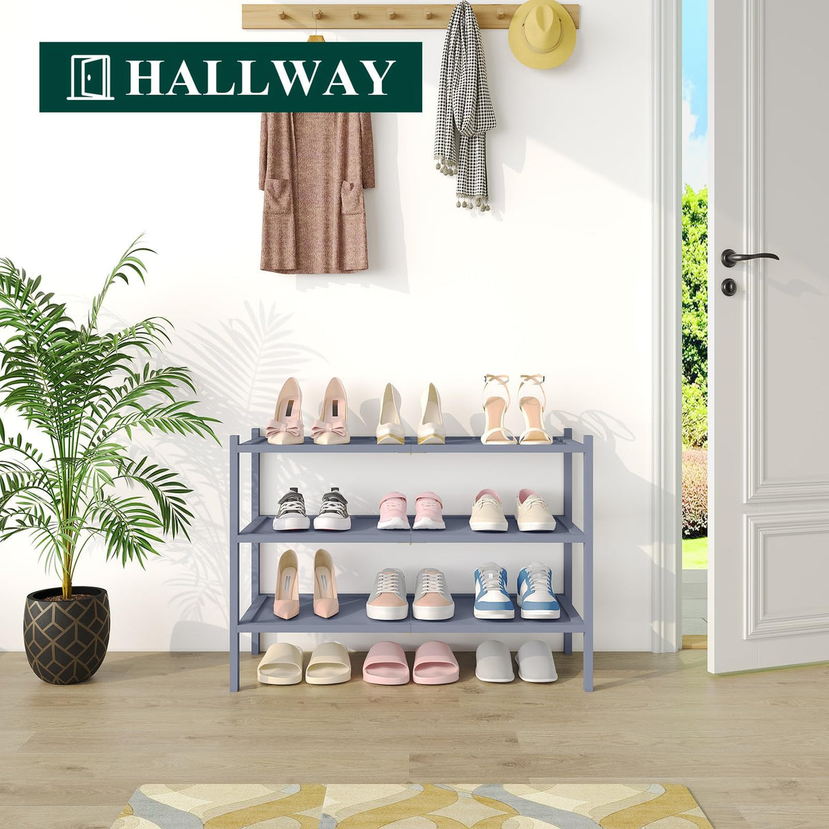 smiry Bamboo Shoe Rack, 3 Tier Shoe Organizer for Entryway & Living Room, Stackable Free Standing Storage Shelf for Shoes, Bags & Plants, Gray - image 5