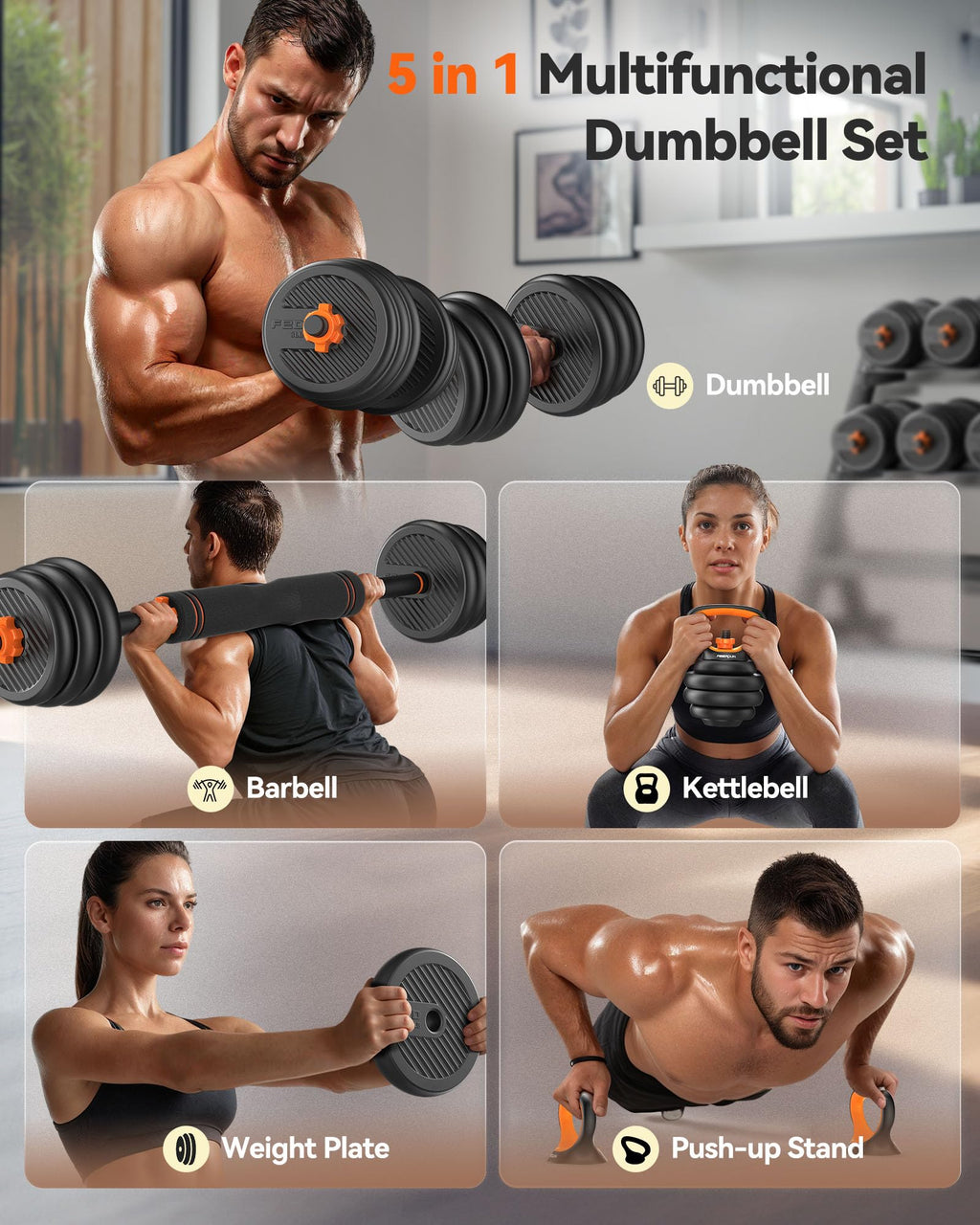 FEIERDUN 4-in-1 Adjustable Dumbbell Set | 20lbs Kettlebell & Barbell