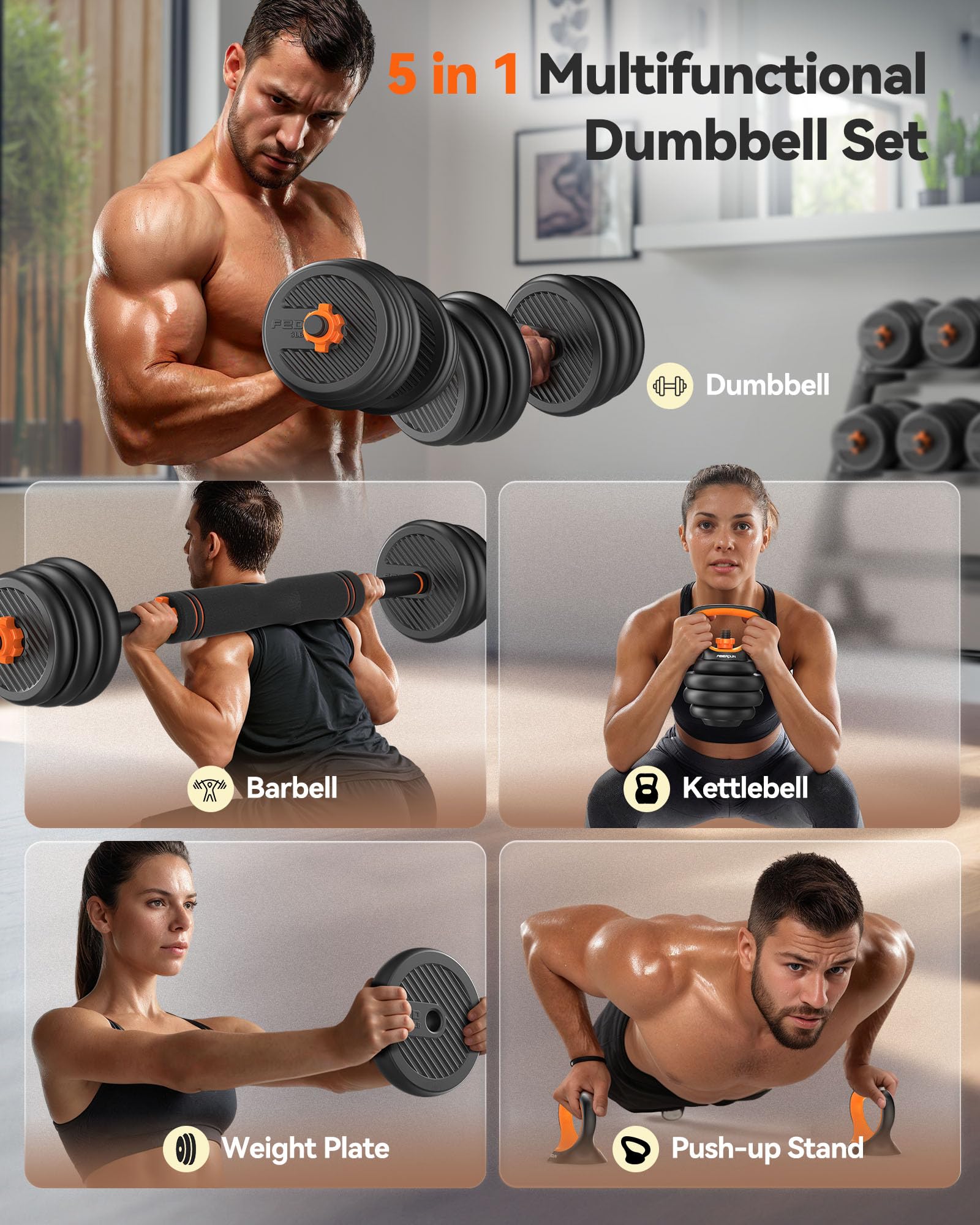 FEIERDUN 4-in-1 Adjustable Dumbbell Set | 20lbs Kettlebell & Barbell