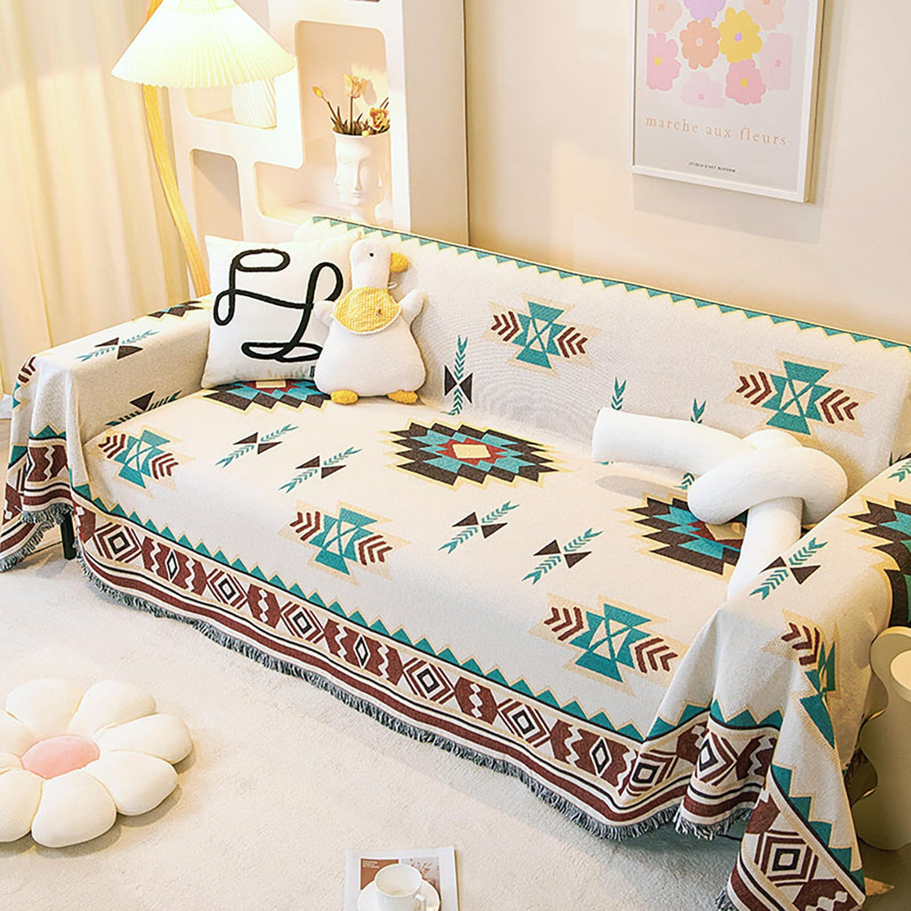 VANJOROY Aztec Cotton Throw Blanket – Handwoven Tribal Boho Sofa Cover