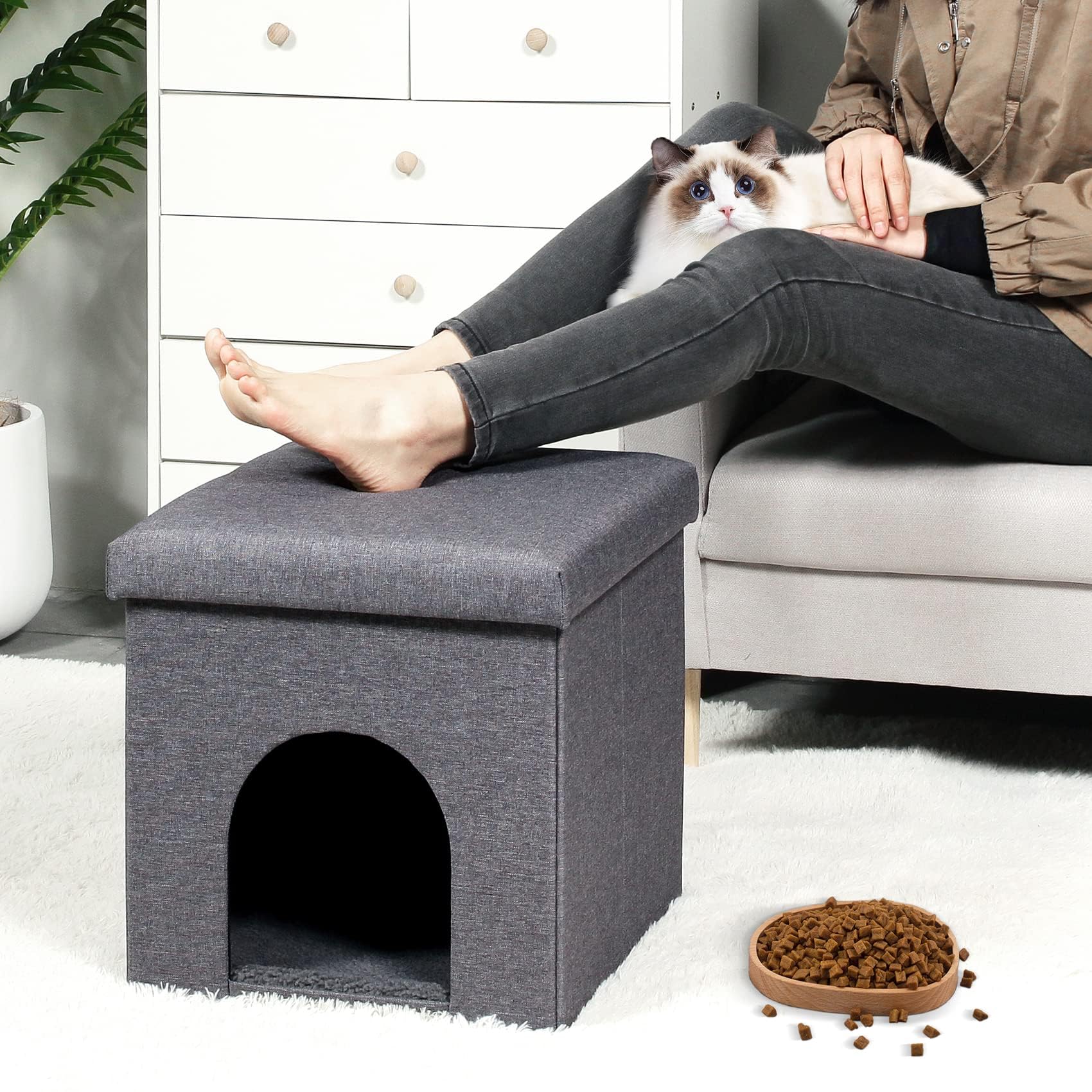 Bonlife Cat House Ottoman | Folding Linen Pet Cave Bed with Washable Pad