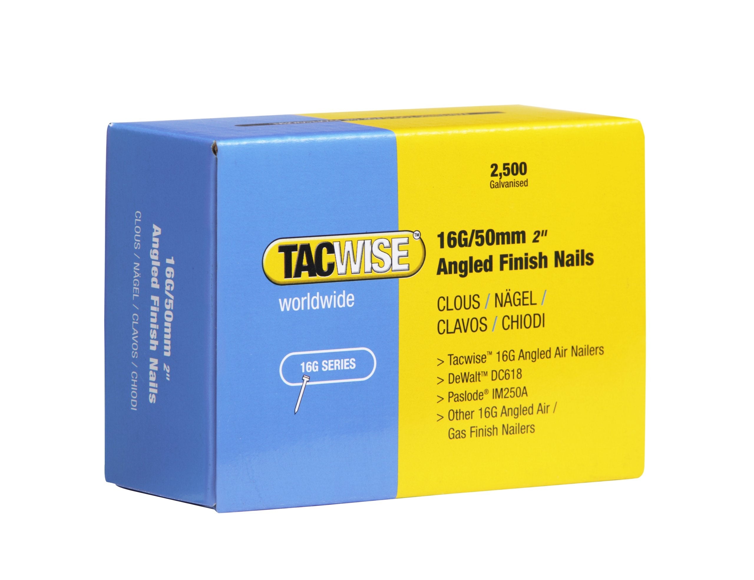 Tacwise 16G Angled Finish Nails – 50mm Galvanised 20° Inclined (2500 Pack)