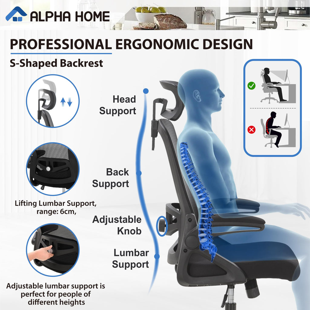 ALPHA HOME Ergonomic Mesh Office Chair | Adjustable Lumbar & Headrest