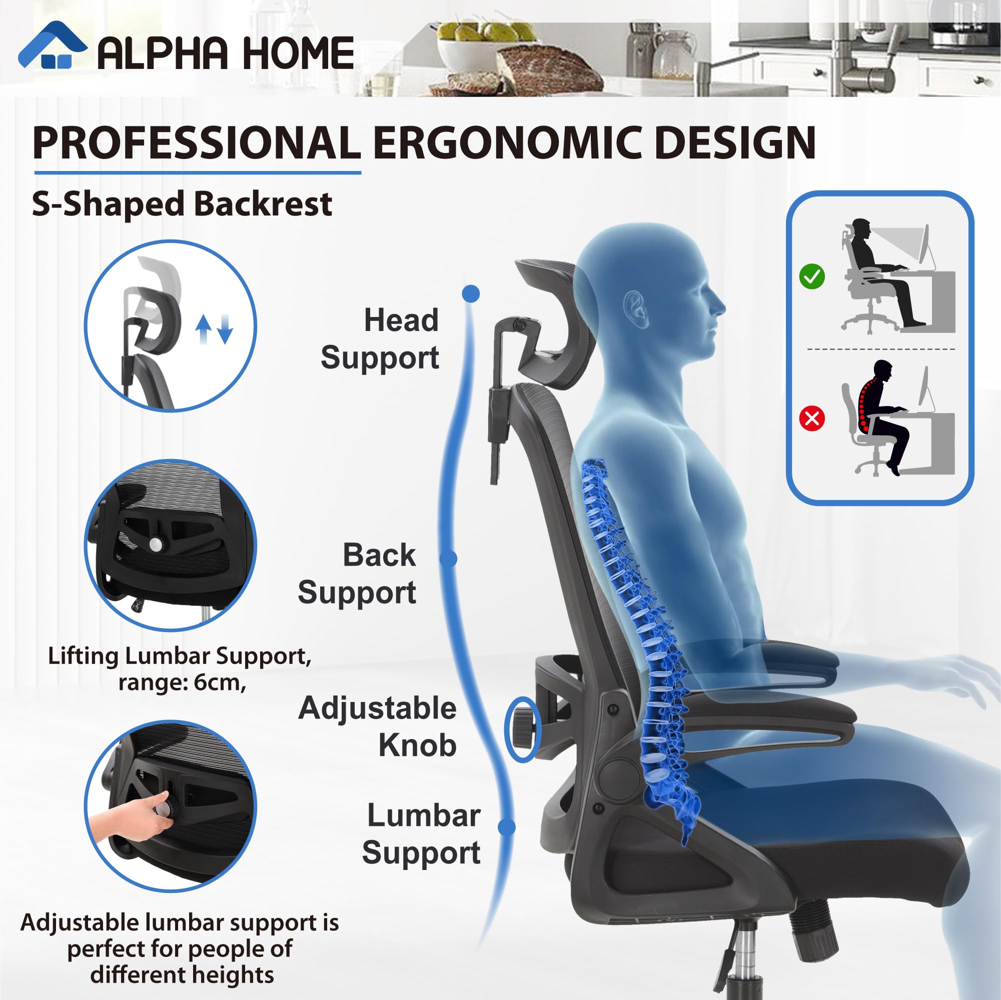 ALPHA HOME Ergonomic Mesh Office Chair | Adjustable Lumbar & Headrest