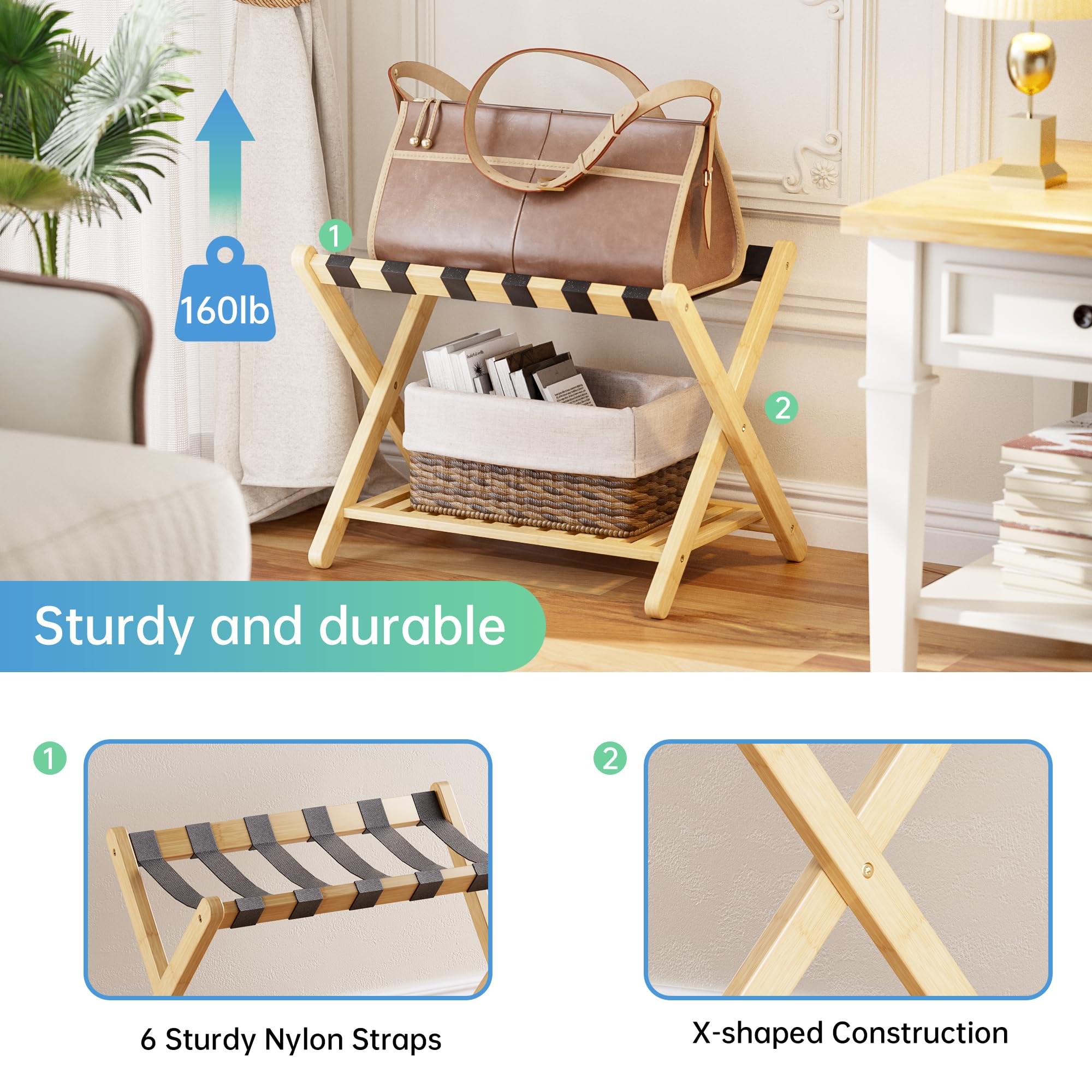SMIBUY Foldable Bamboo Luggage Rack with Storage Shelf - Heavy-Duty Stand
