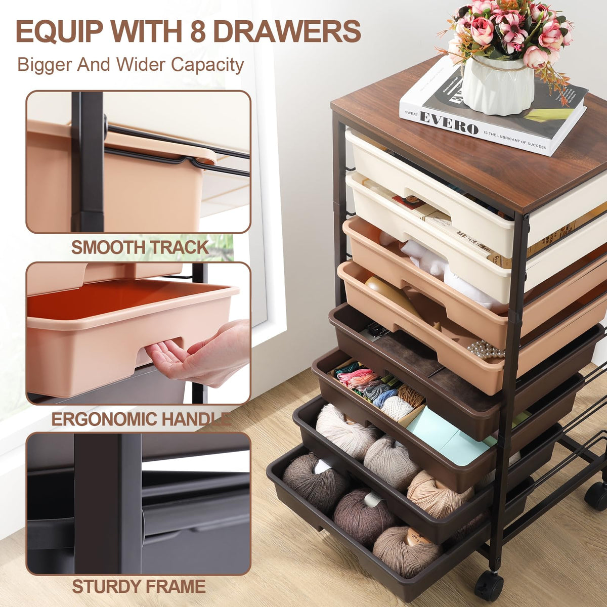 SYKIARIOL 8-Drawer Storage Trolley Rolling Cart with Lockable Wheels, Brown - image 4