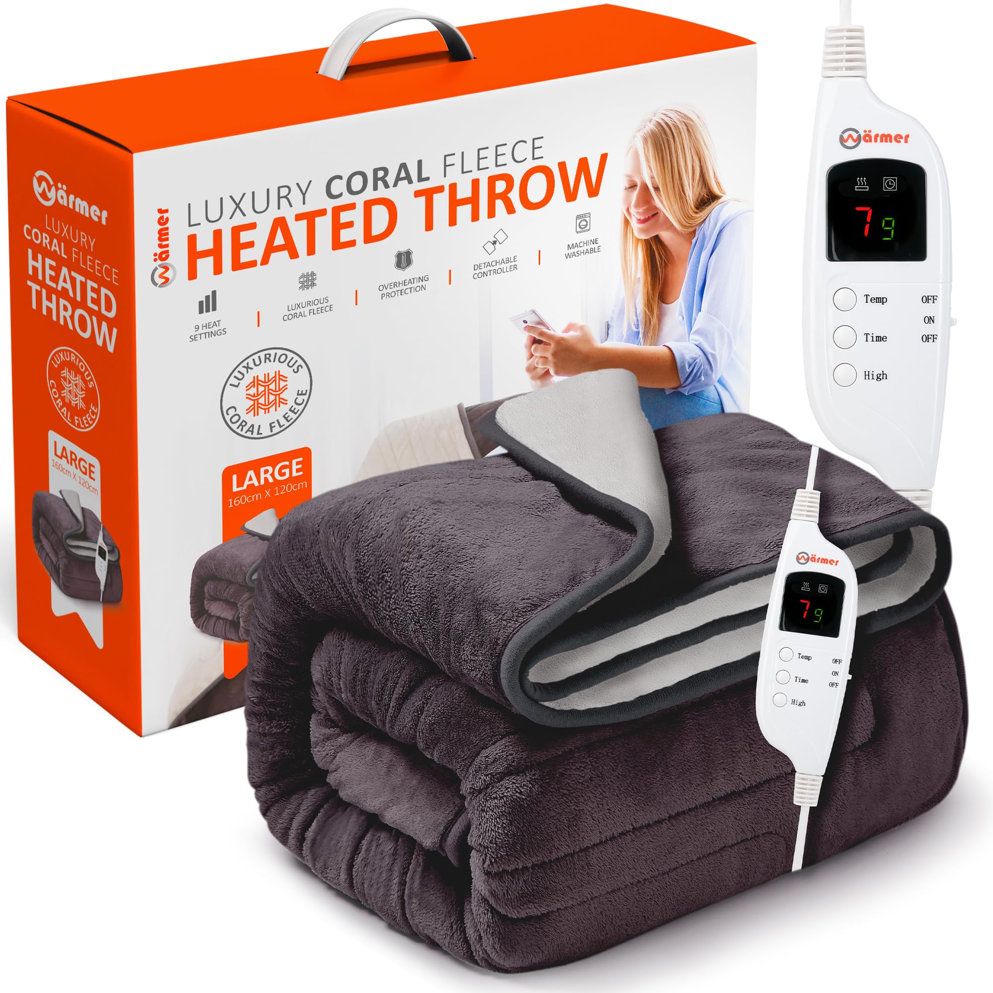 Wärmer Electric Heated Throw Blanket – 9 Heat Settings – 160cm x 120cm